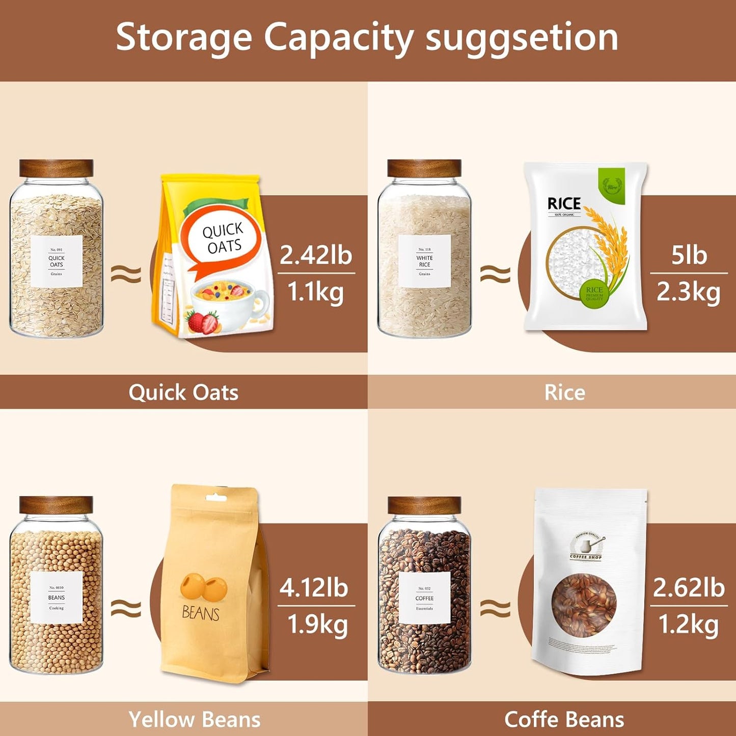 KEYWING 88oz Large Glass Jars with Airtight Acacia Wood Lids, Set of 3 Food Storage Containers for Flour, Sugar, Rice, Pasta, Cereal, Cookies – Includes 126 Labels