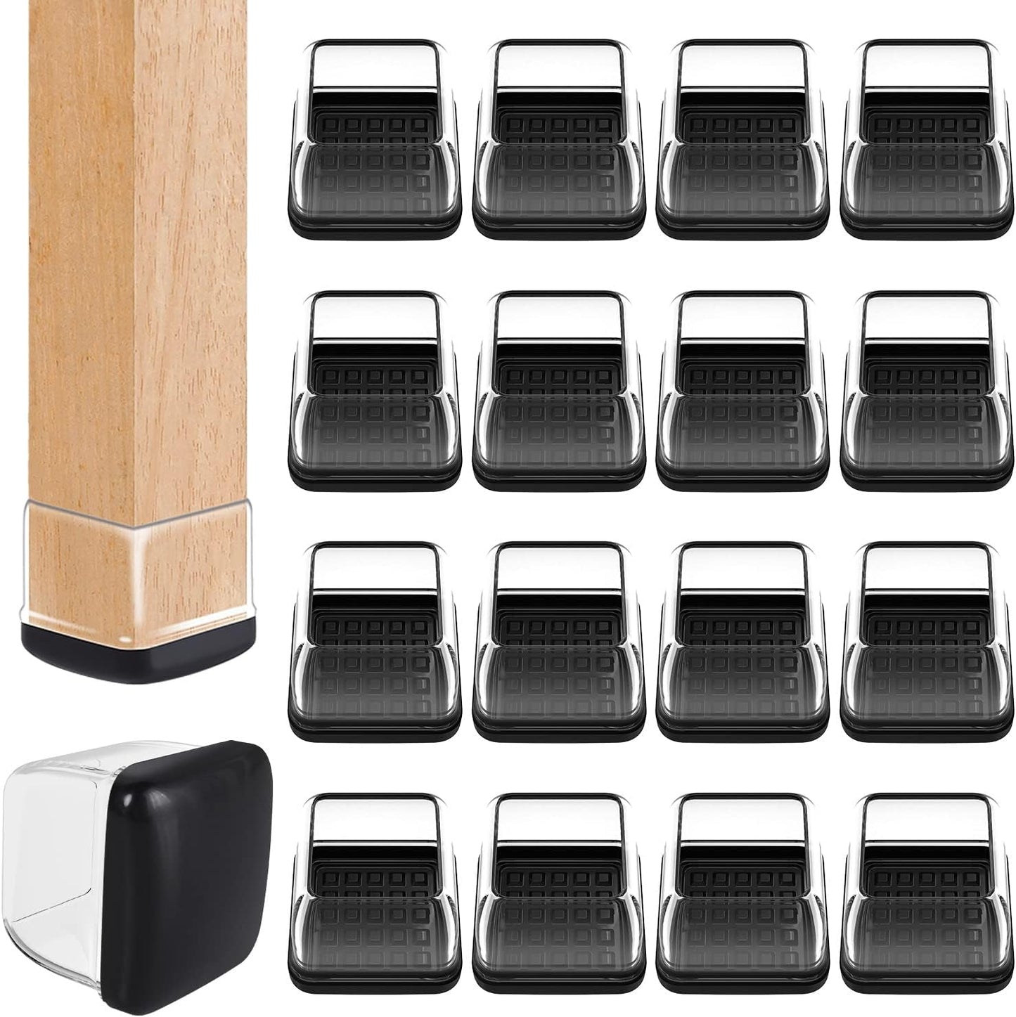 Ezprotekt 24 Pcs Clear Chair Leg Sliders for Carpet, Square Chair Glides for Rug, Teflon Furniture Pads Leg Protectors Caps - for Dining Table, Bar Stool, End Table Legs (L Fit:1" - 1.4")