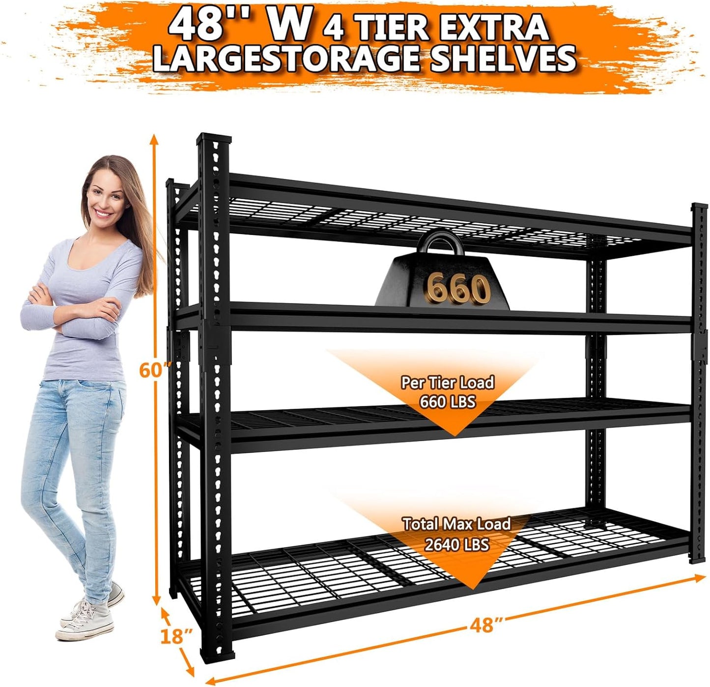 Storage Shelves Heavy Duty 4 PCS, 48"L x 18"W x 60"H Garage Wire Shelving Unit Loads 2640LBS, 4-tier Adjustable Metal Industrial Utility Shelf Rack for Kitchen, Laundry, Pantry, Warehouse, Basement