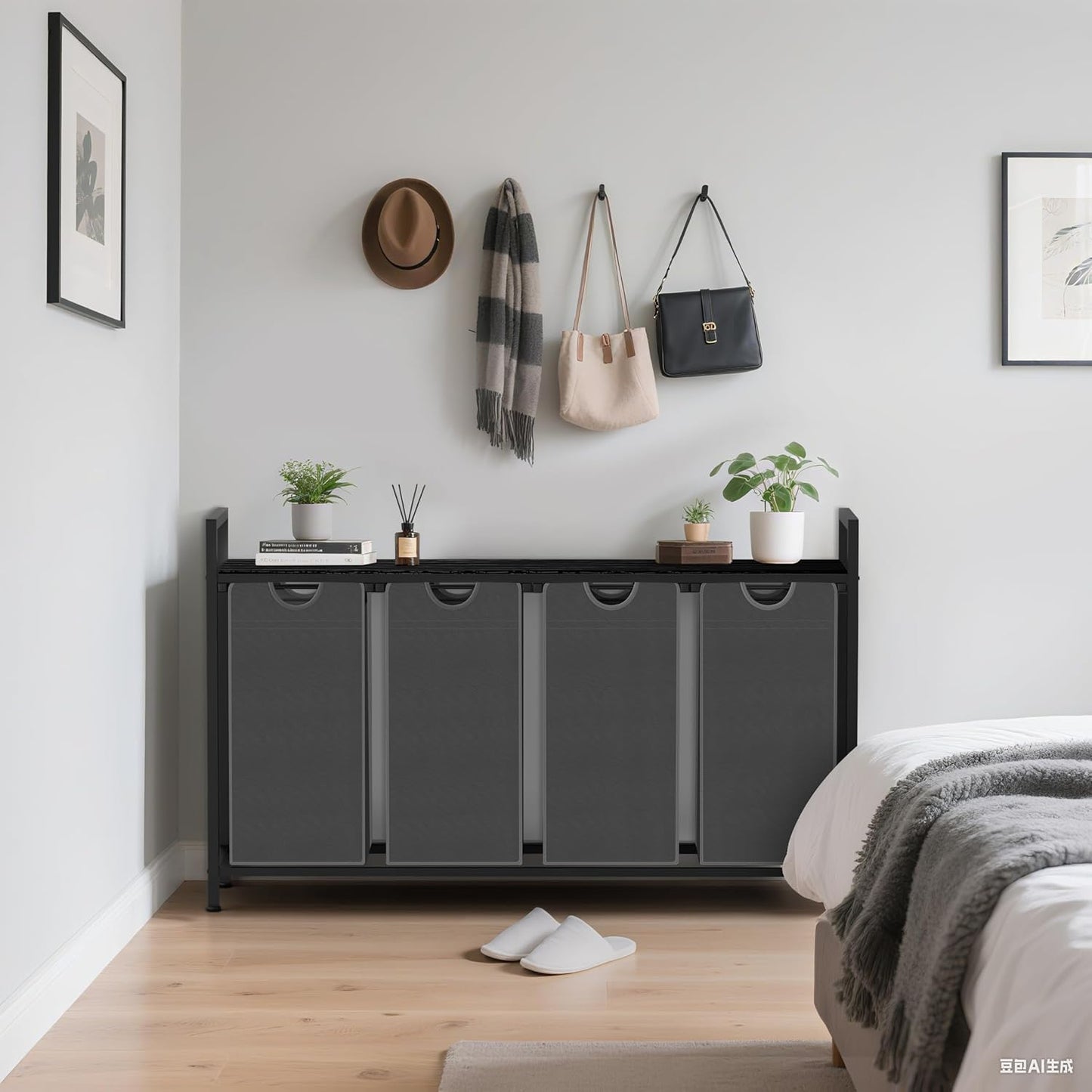 Laundry Hamper, Laundry Sorter with 4 Pull-Out Removable Oxford Fabric Bags Cloth Laundry Basket 4 x 10 Gallons (Grey and Charcoal Black)