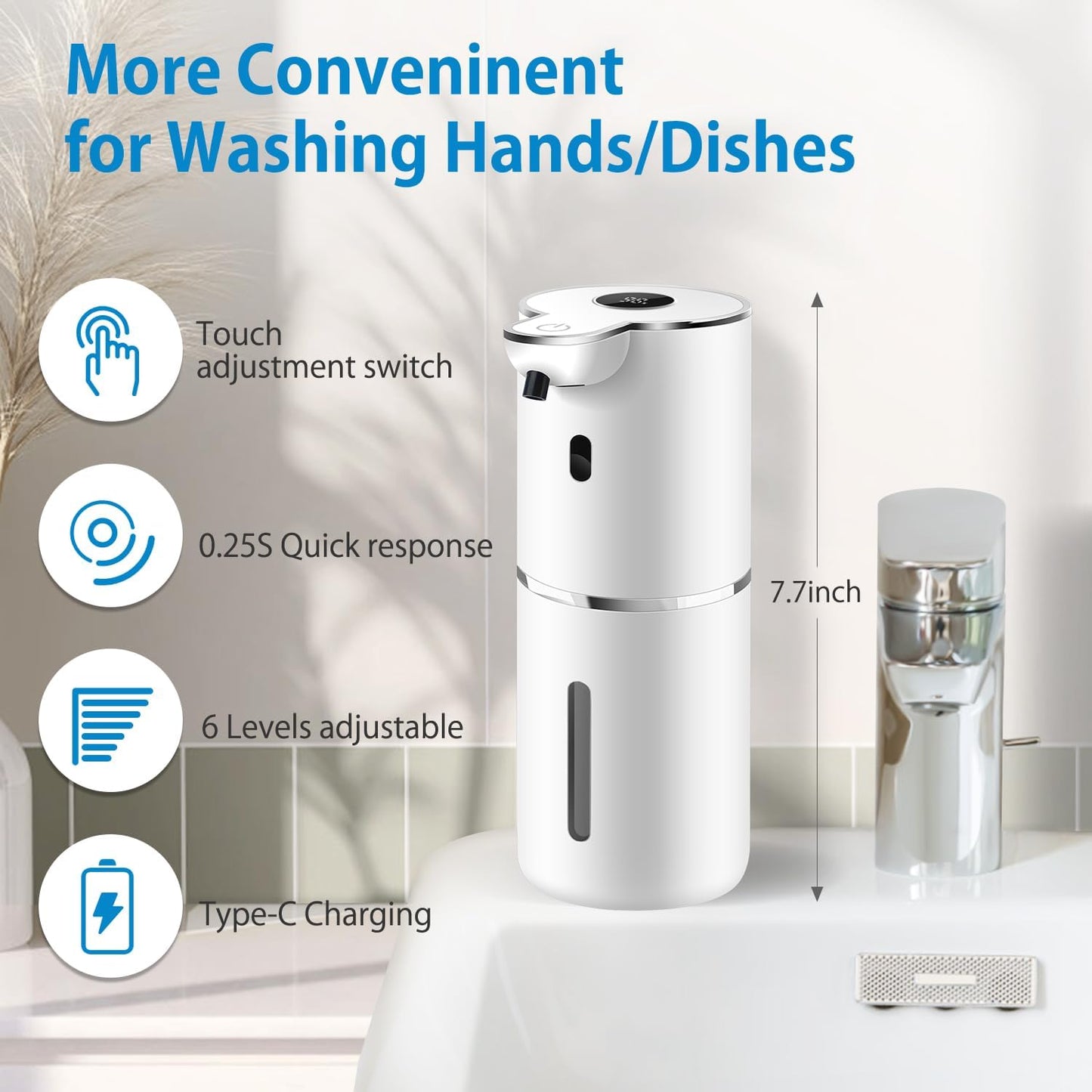 Automatic Liquid Soap Dispenser 12.8oz, Rechargeable & 6 Levels Soap Adjustable with Digital Display, Wall Mount, Waterproof, Touchless Hand/Dish Soap Dispenser for Kitchen, Bathroom, Hotel