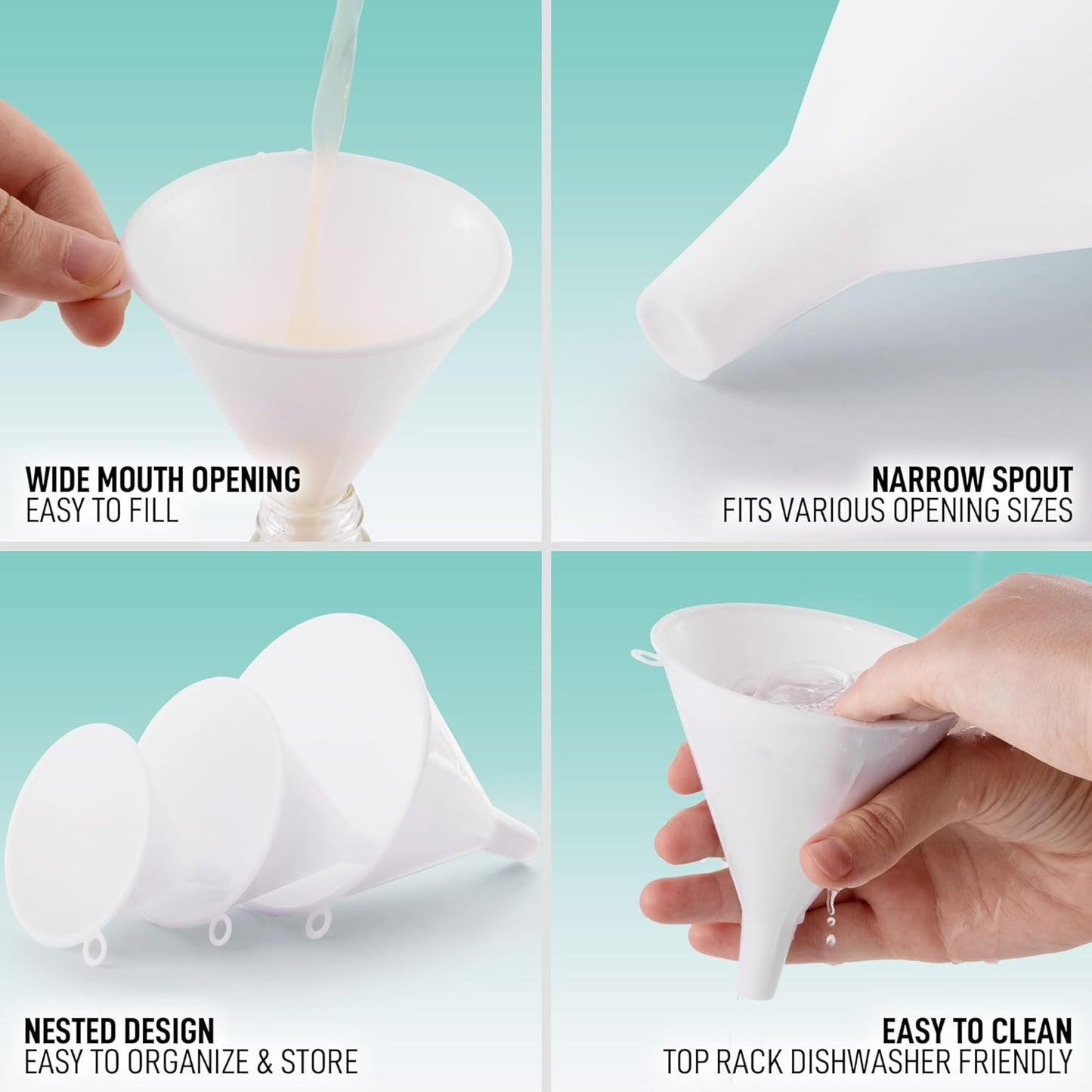 Zulay Kitchen 3-Piece Plastic Funnel Set - Large, Medium, and Small Kitchen Funnels Pouring Spout - for Filling Bottles Water Liquid, Protein Powder, Food Grade Cooking, Drink, Paint, Lotion, Kids