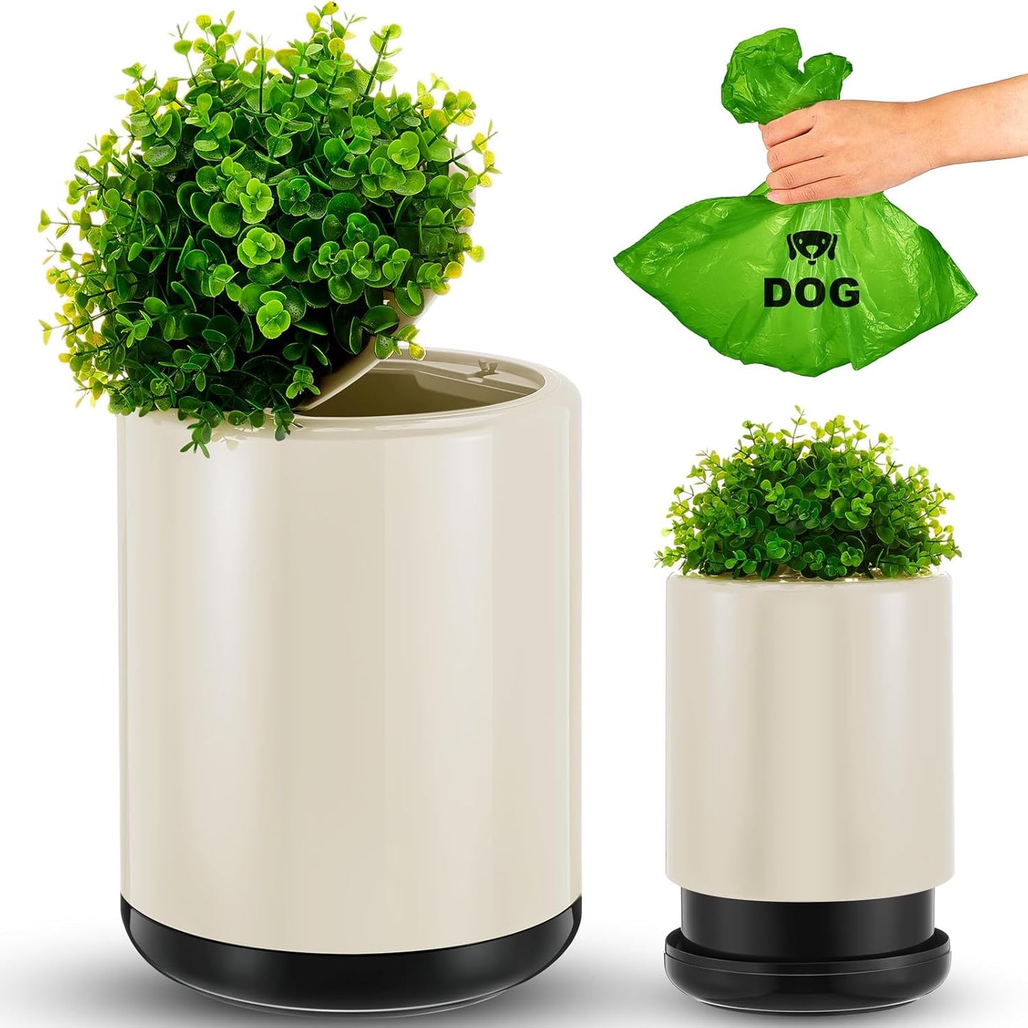 Dog Poop Trash Can Outside 13 L/ 3. 4 Gal Dog Waste Trash Can with Lid, Plant-Styled, Double-Layer Design, Outdoor Garbage Container for Front Porch Backyard Office Patio(White)