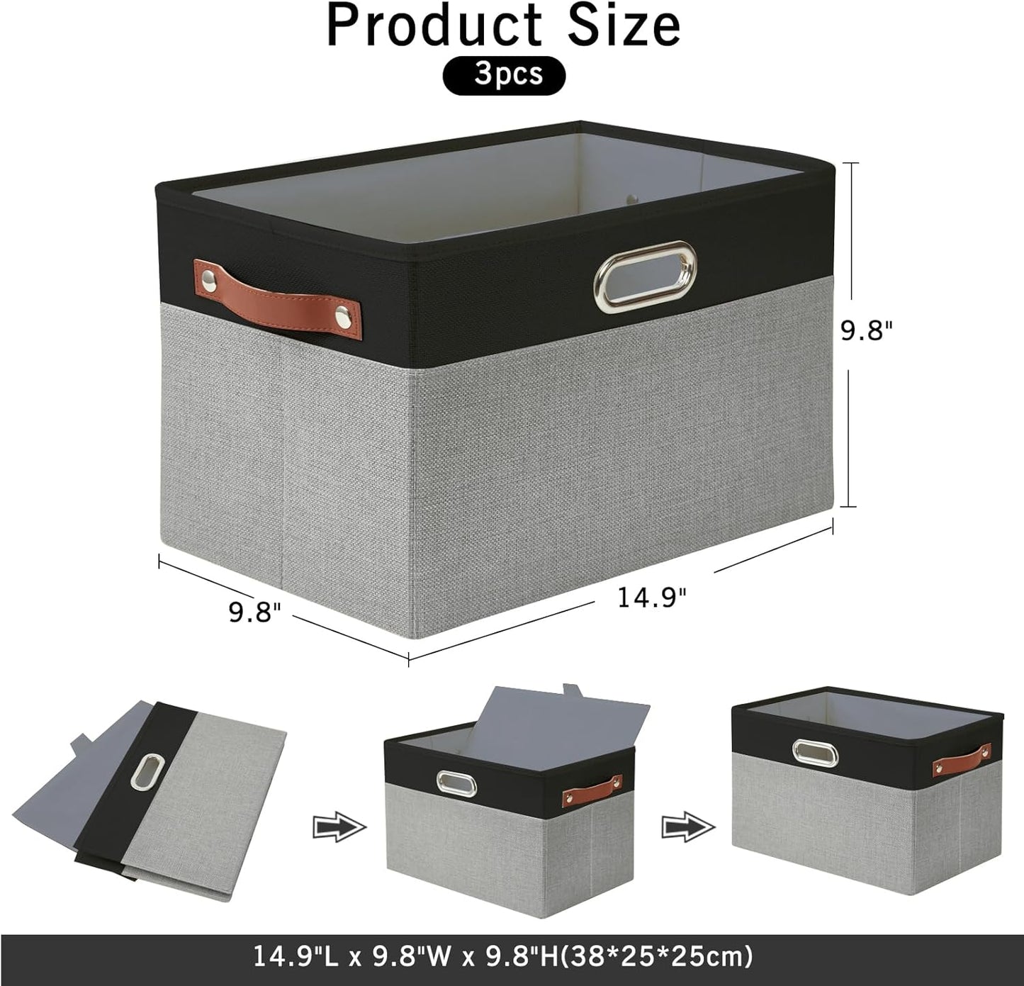 Large Collapsible Fabric Storage Bins with 3 Handles, Foldable Organizer Baskets for Closet, Shelves, Living Room | 3 Pack, Durable PU & Metal Handles (14.9"x9.8"x9.8", Black & Gray)
