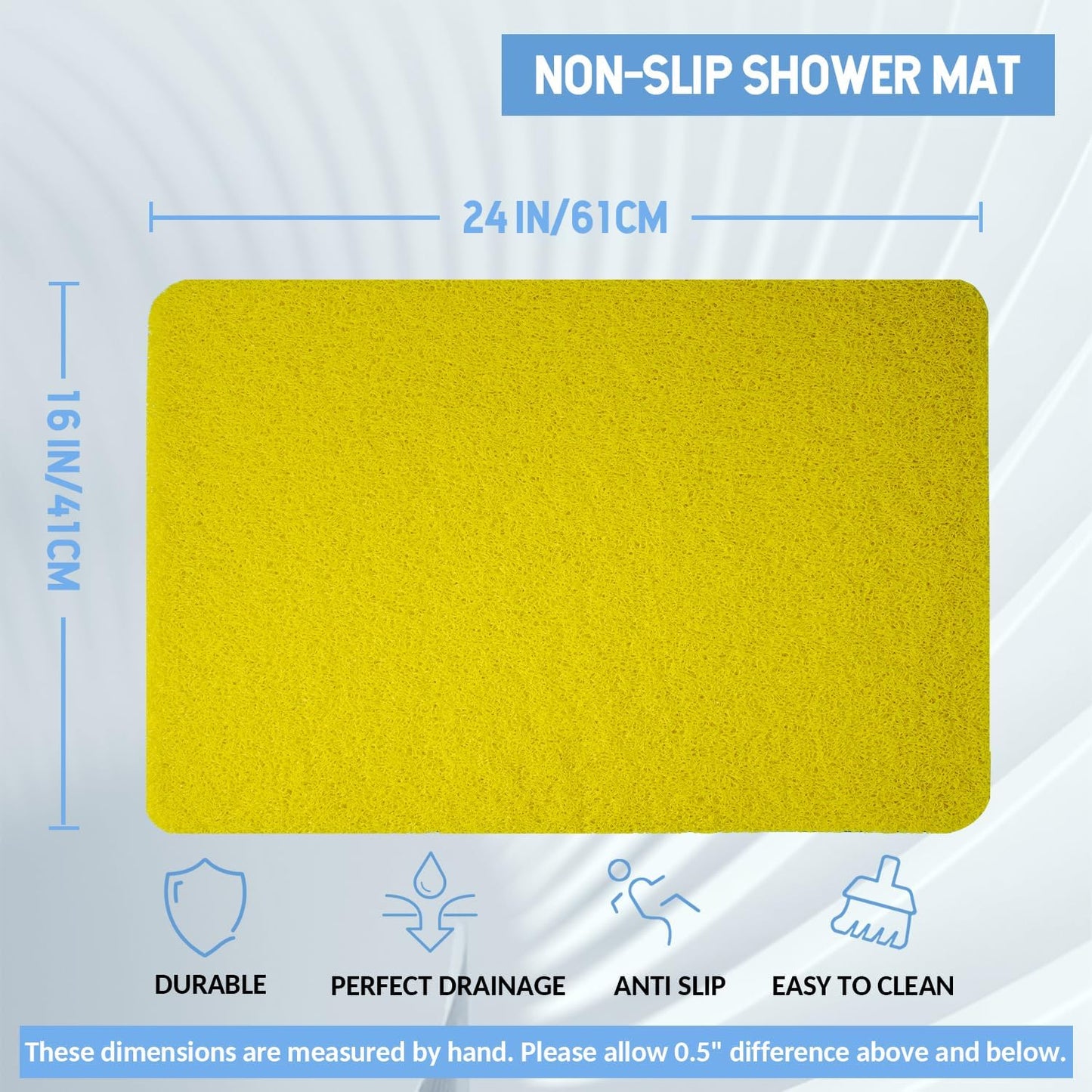 Non-Slip Bathtub Mat, Anti Slip Shower Mat, Fast Drying Bathtub Mats, Foot Scrubber Mat, Anti Slip Mat for Tub, Floor, Bathroom, Kitchen, Home, Hotel (Yellow 24"×16")