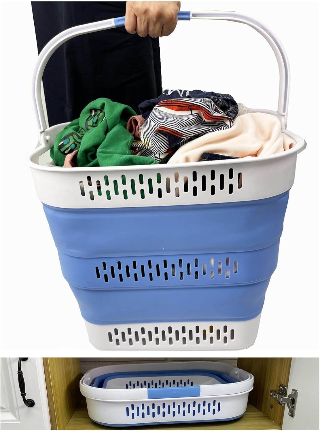 SAMMART 40L (10.5 Gallon) Collapsible Plastic Laundry Basket with Handles - Foldable Pop Up Storage Container/Organizer - Portable Laundry Hamper - Space Saving (1, Grey/Little Boy Blue)