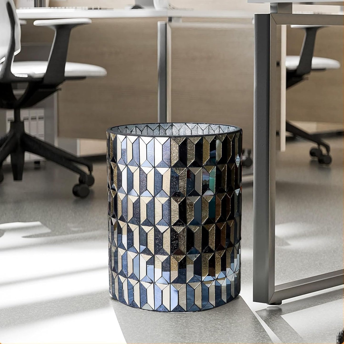 Escenzy Modern Bathroom Trash Can Mosaic Glass 6L | Decorative Small Garbage Can | 8" x 10" | Luxury Waste Basket for Restroom, Office, Bedroom & Kitchen | Shiny Black and Gold Bathroom Accessories