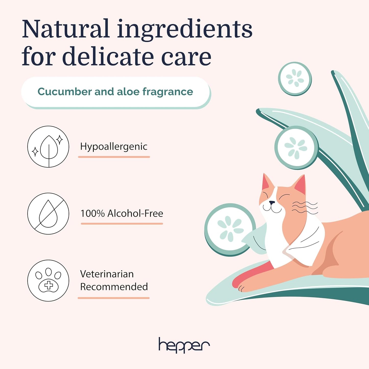 Hepper Wash Wipes - Soft Pet Cleaning Wipes Enriched with Aloe & Cucumber Scent for Waterless Grooming - Ideal for Dogs, Cats & Other Pets - Safe for Puppies & Kittens