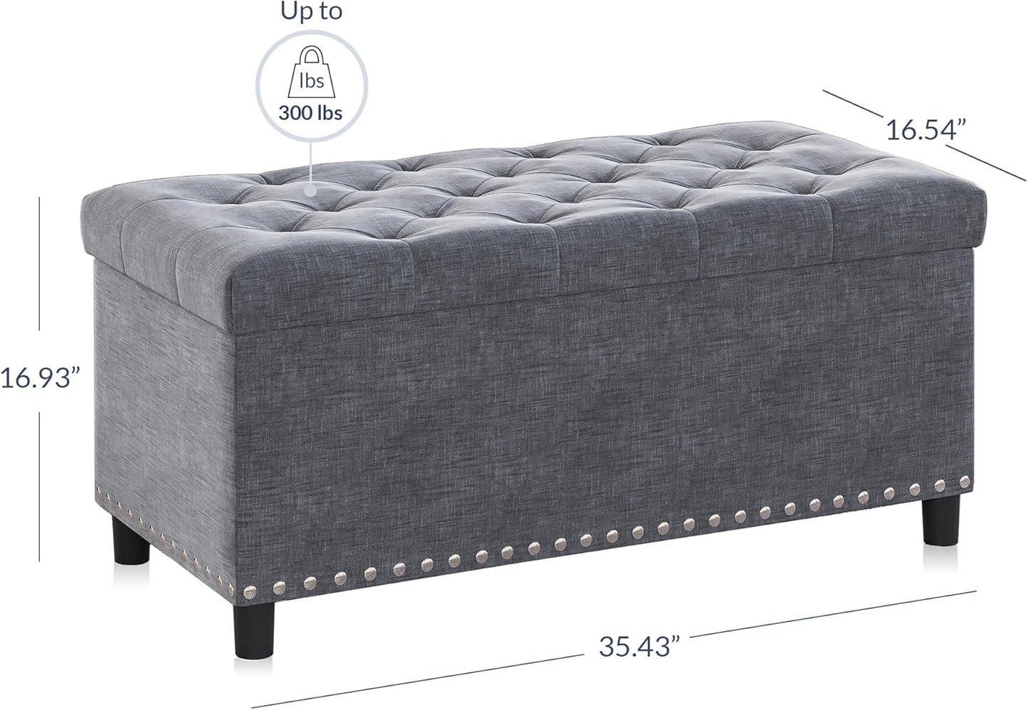 BELLEZE 35" Tufted Ottoman, Storage Bench with Safety Close Hinge, Ottoman with Storage for Living Room, Entryway, Hallway, Foot Rest, Support 300lbs - Grey