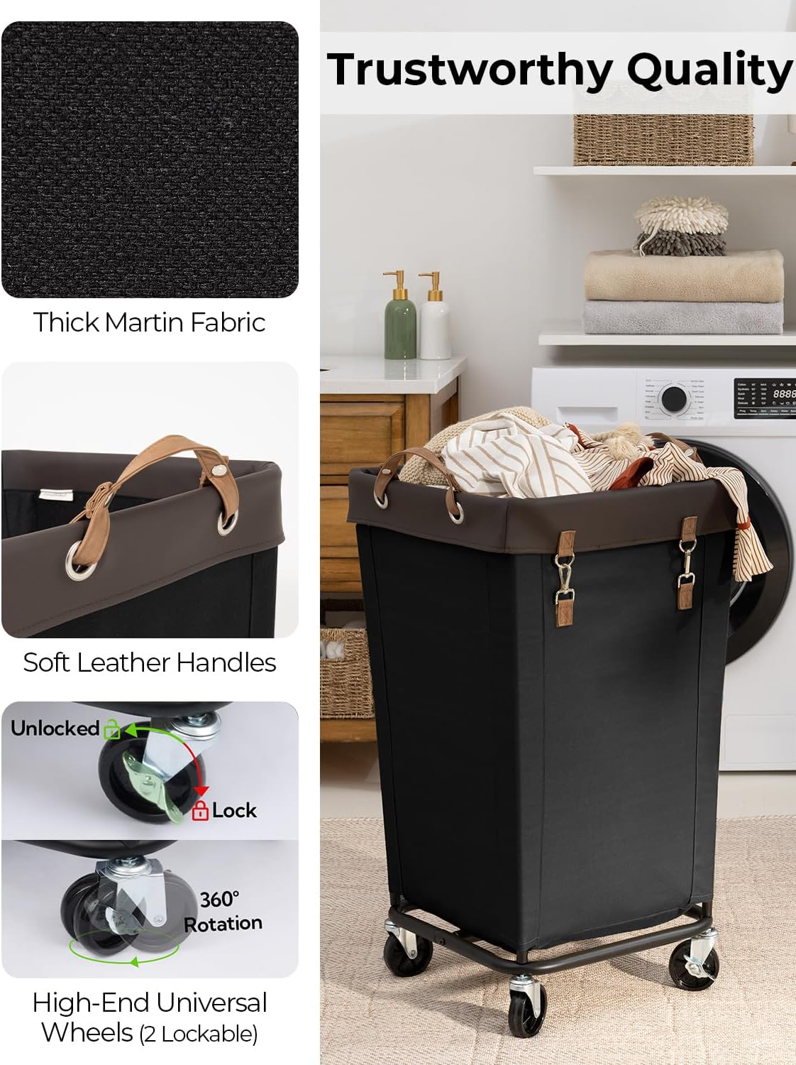 StorageWorks 160L Laundry Basket with Wheels, Large Rolling Hampers for Clothing Organizer, Dirty Clothes Basket for Hotel, Home, Closet, Dorm, Black