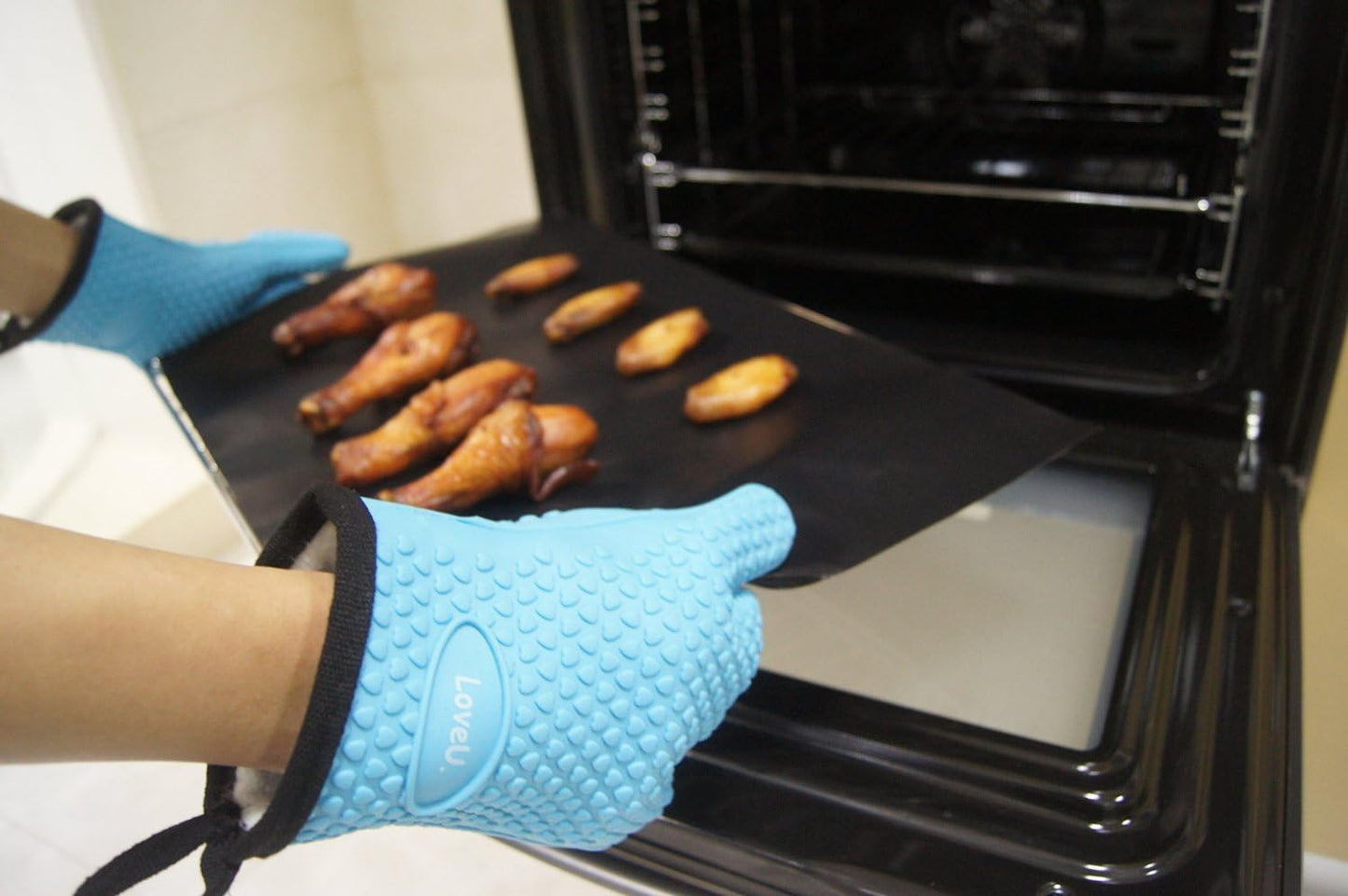 Kitchen Oven Gloves - Dual-Layer Heat Resistant Grilling Gloves, Silicone Oven Mitts with 5 Fingers, Waterproof Non-Slip Pot Holder for Barbecue, Cooking, Baking (Blue)