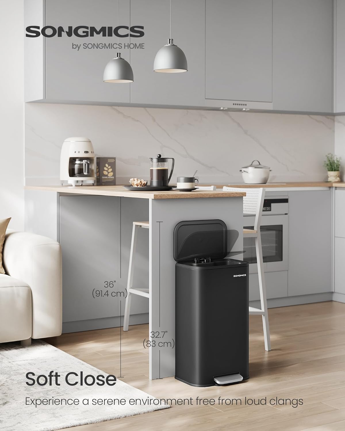 SONGMICS Kitchen Trash Can, 8-Gallon (30 L) Garbage Can with Lid, Stainless Steel, Soft Close and Stays Open, Inner Bucket, Wide Non-Slip Pedal, Ink Black ULTB546B01