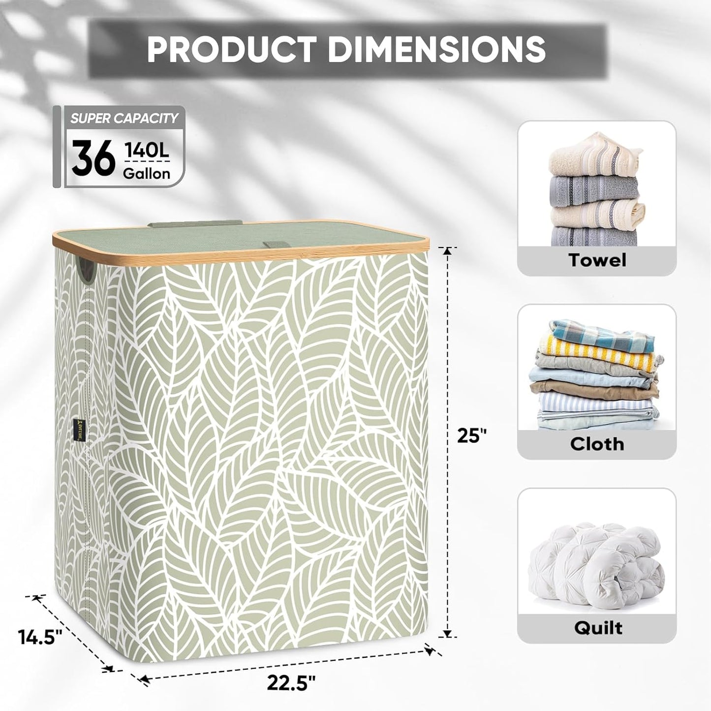 BALEINE Laundry Hamper with Lid, Tall Laundry Baskets with Bamboo Pull Handles, Large Laundry Bin with Internal Support (36 Gal/140L, Antique Foliage)