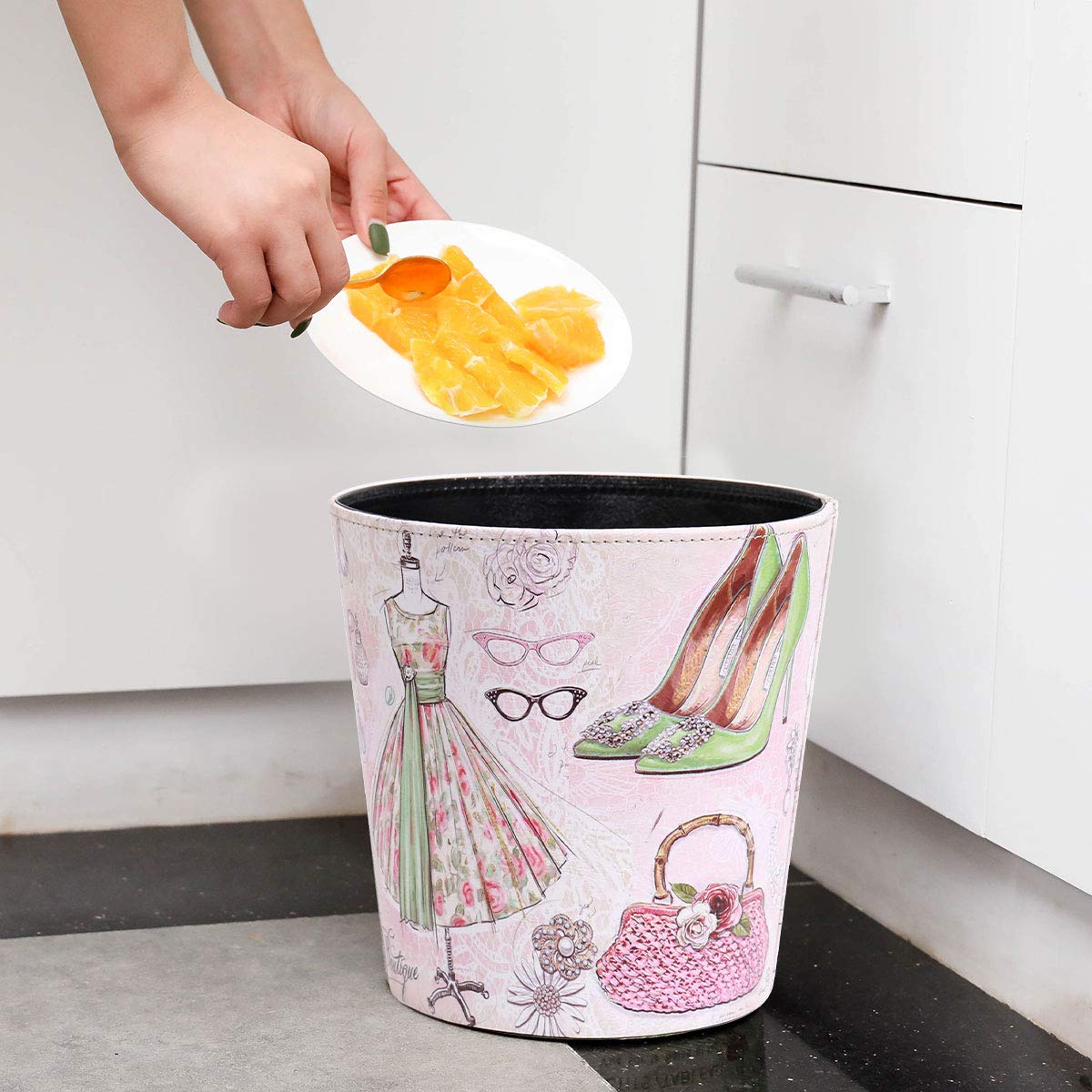 PU Leather Small Trash Can Wastebasket, Round Garbage Container Basket for Bathrooms, Laundry Room, Kitchens, Offices, Kids Rooms, Bedrooms,Dorms,Home Decorative Art Bin, 2.9 Gallon(Fashion Style)