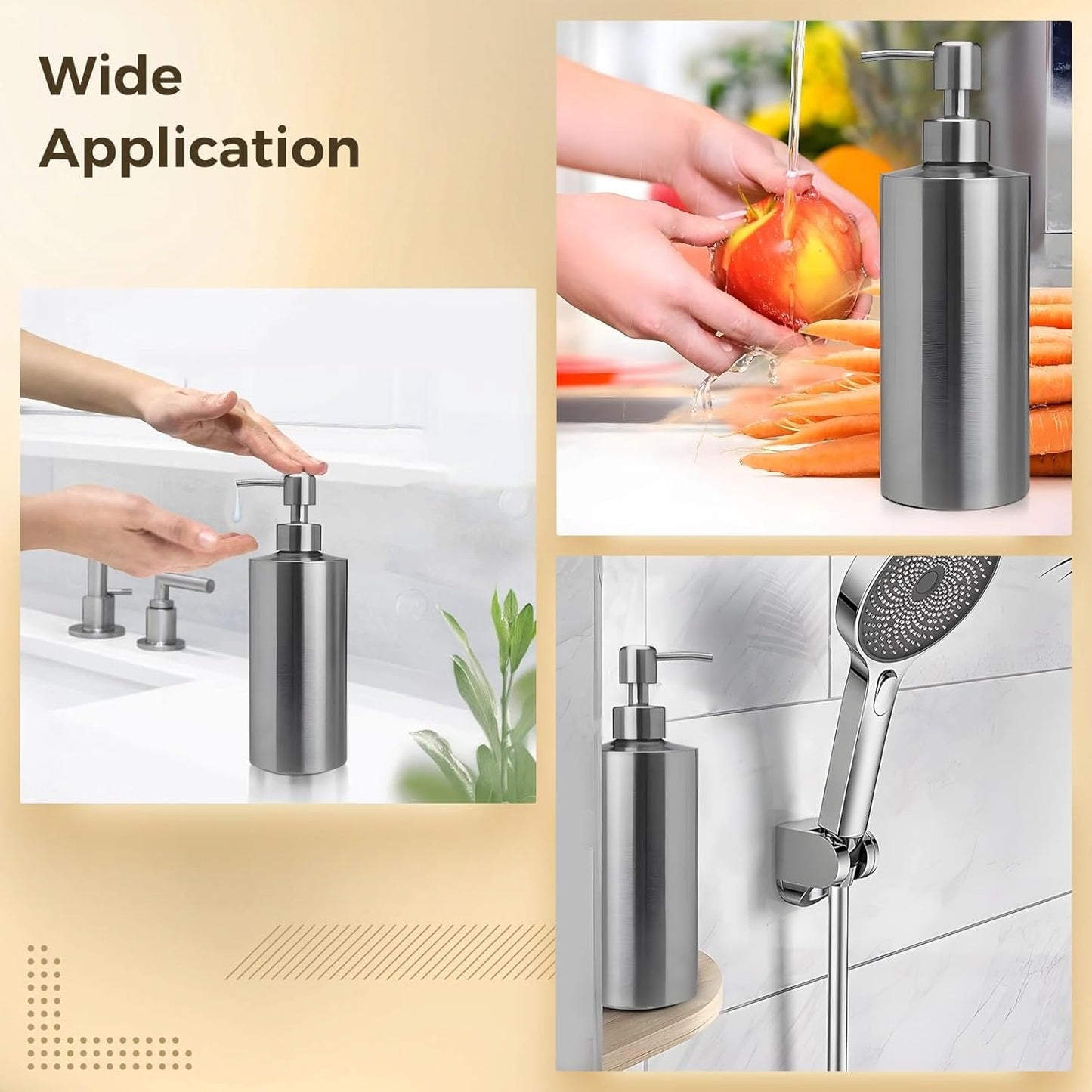 2 Pcs Large 304 Stainless Steel Soap Dispensers, 18.6 fl oz/550 ml Refillable Liquid Pump Bottles for Kitchen, Bathroom, Countertop, Modern Brushed Silver Cylindrical Design