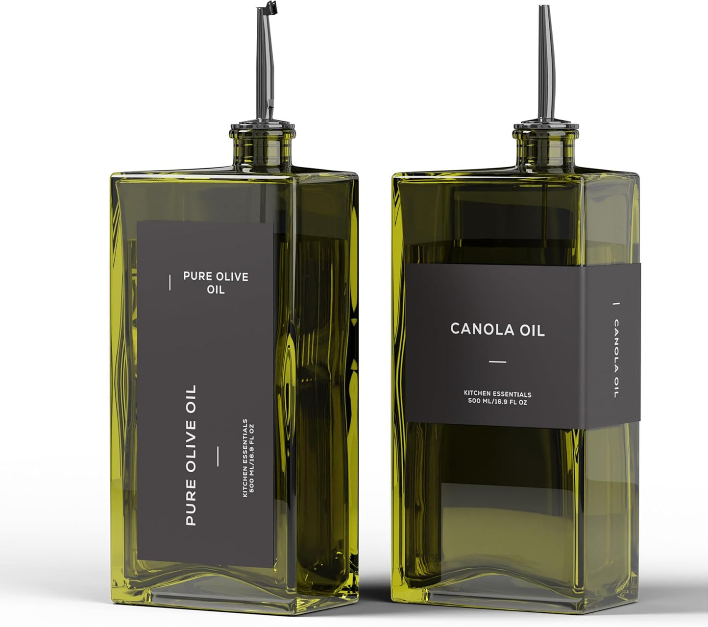 Olive Oil Dispenser for Kitchen, 16.9 oz/ 500 ml Olive Oil Dispenser Bottle, Glass Oil Bottles for Kitchen with 4 Stainless Steel Pourers, 40 Labels, 2 Pcs, Green