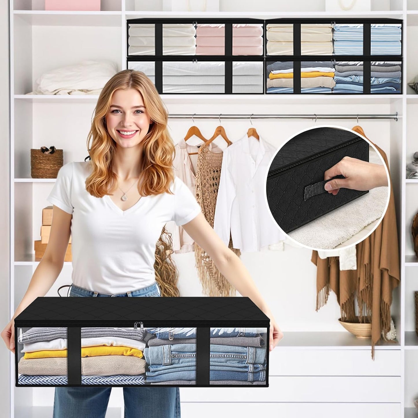 StorageRight Under Bed Storage Bins, 10-Pack 40L Foldable Fabric Storage Bags with Transparent Window, Breathable Organizer for Clothes/Blanket/Comforter/Quiltr, Black