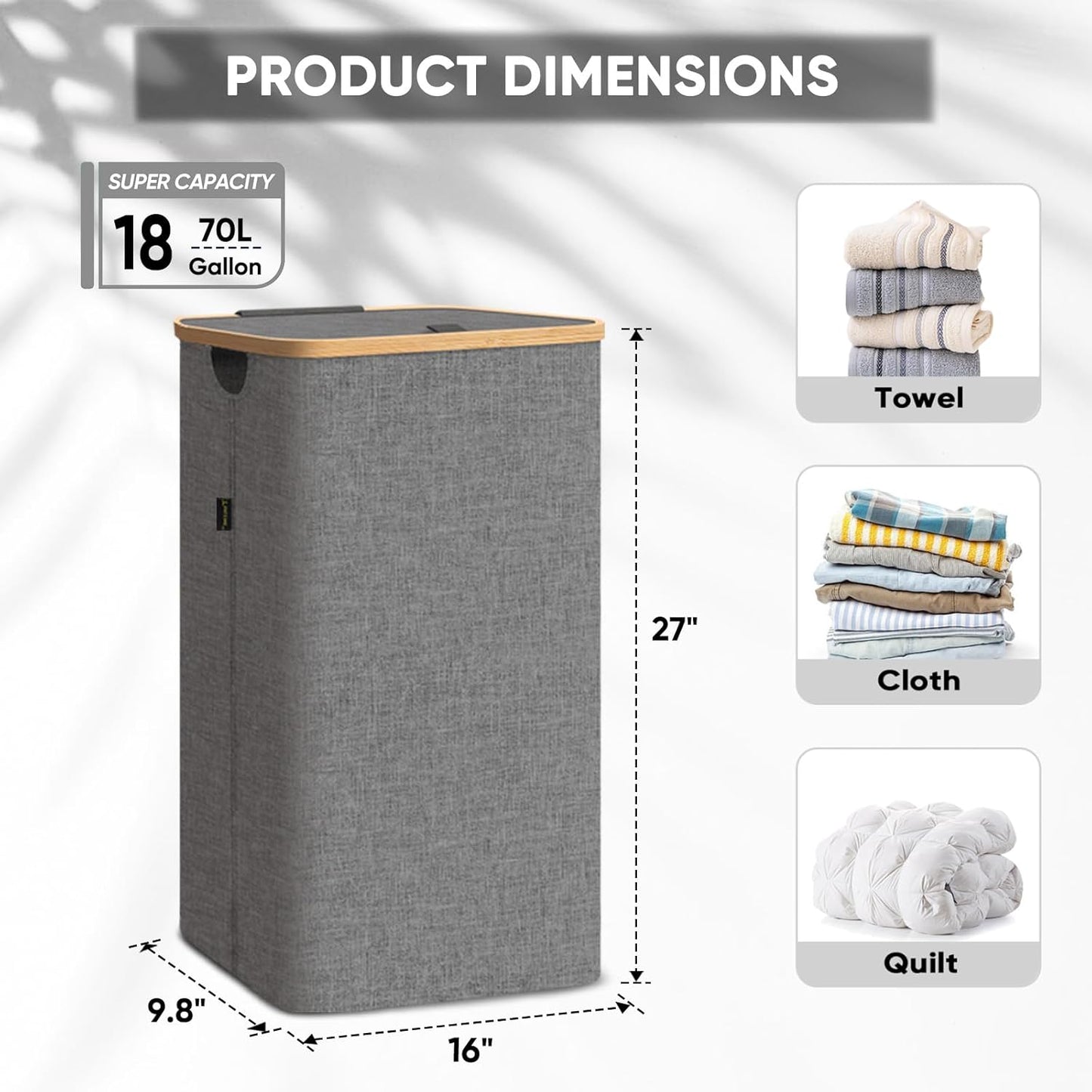 BALEINE Laundry Hamper with Lid, Tall Laundry Baskets with Bamboo Pull Handles, Large Laundry Bin with Internal Support (18 Gal/70L, Black)