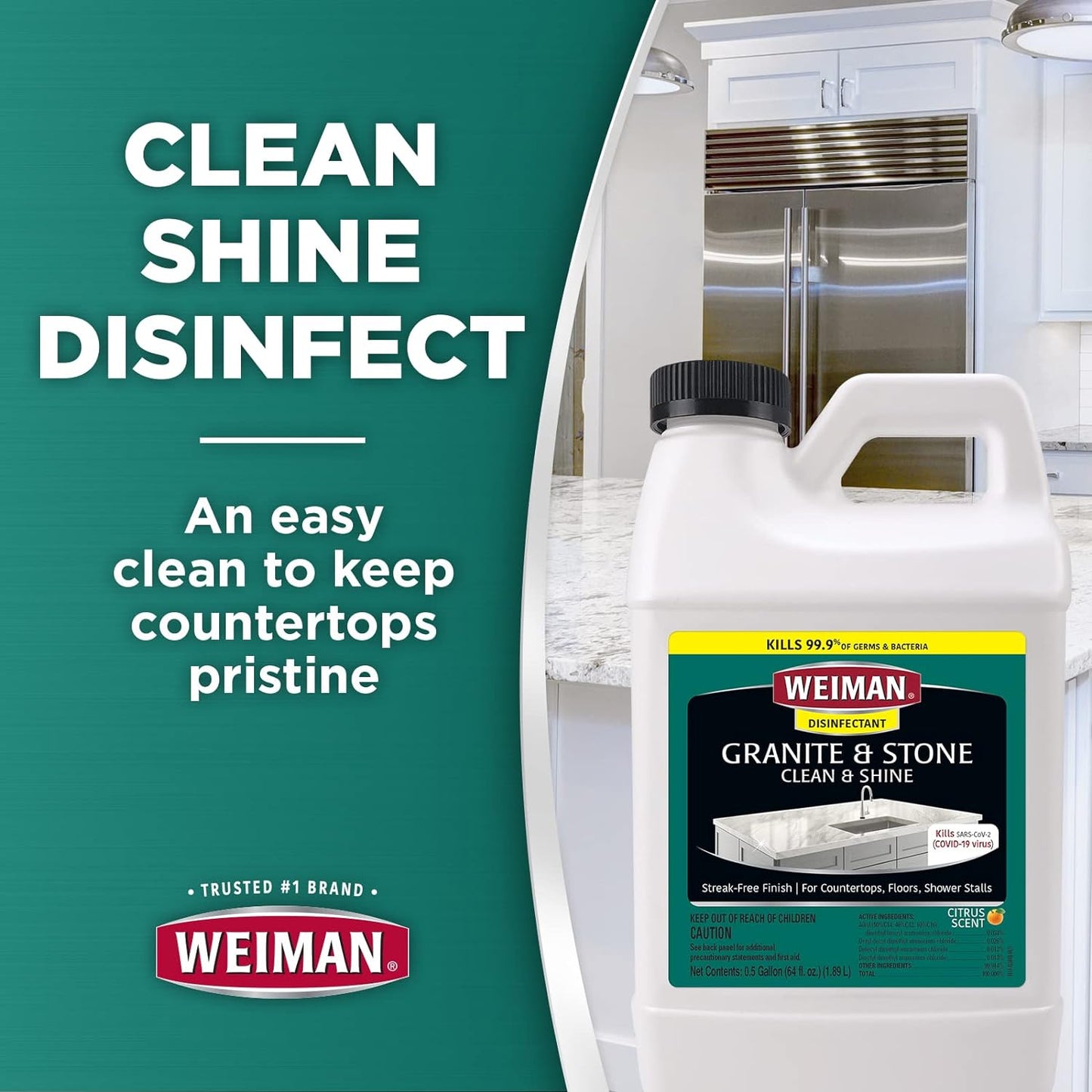 Weiman Disinfecting Granite Daily Clean & Shine Refill, 64 Oz - Safely Clean Disinfect and Shine Granite Marble Soapstone Quartz Quartzite Slate Limestone Corian Laminate Tile Countertop