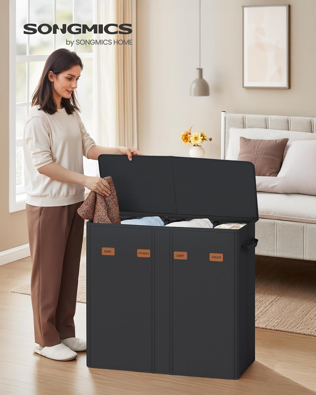 SONGMICS 55.4 Gallon (210 L) Laundry Hamper, 4-Compartment Laundry Basket Sorter with Lid, Labels, Removable Liner Bags, for Bedroom, Ink Black URLH014B01