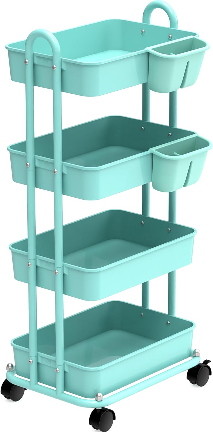 Simple Houseware 4-Tier Multifunctional Rolling Utility Cart with Hanging Buckets, Turquoise