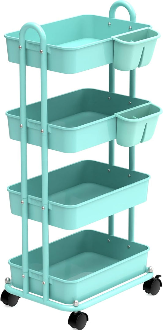 Simple Houseware 4-Tier Multifunctional Rolling Utility Cart with Hanging Buckets, Turquoise