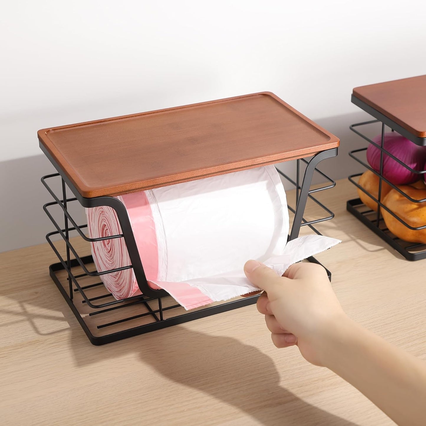 ALOCEO 2 Pack Stackable Storage Bins with Lids, Stainless Steel Extra Large Trash Bag Dispenser Roll Holder for Kitchen Sink, Laundry, Pantry Organizer and Storage, Walnut Black