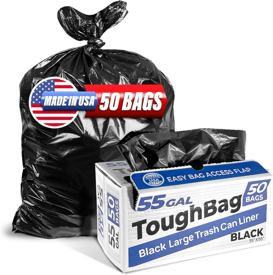 ToughBag 55 Gallon Trash Bags, 55-60 Gallon Trash Bags Heavy Duty (50 COUNT) - Large Black Trash Can Liners, 50-60 Gal for Contractors, Commercial, and Lawn - Made in USA