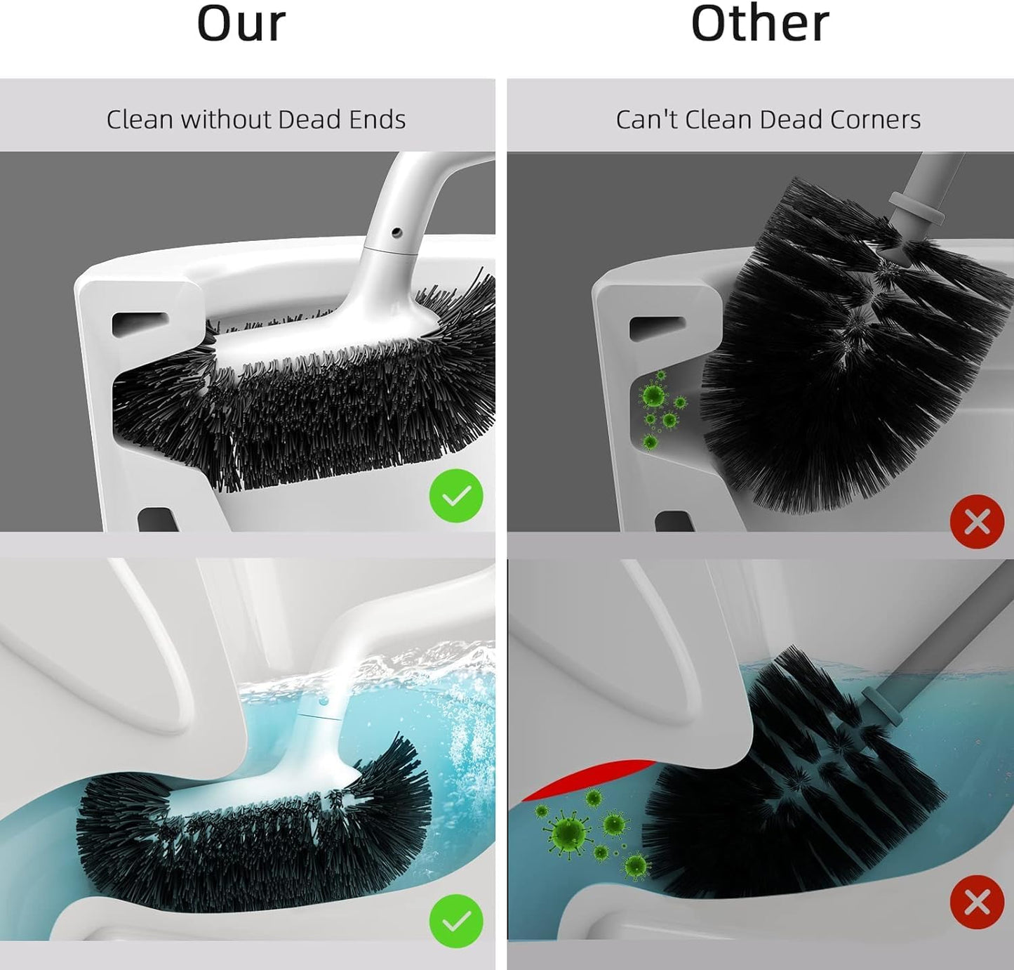 HAMITOR Toilet Bowl Brush Holder Set: 3 Pack Bathroom Deep Cleaning Toilet Cleaner Scrubber Under Rim with Curved Bristle for Dead Corner Clean - Hidden Rv Toilet Decorative Accessories with Caddy