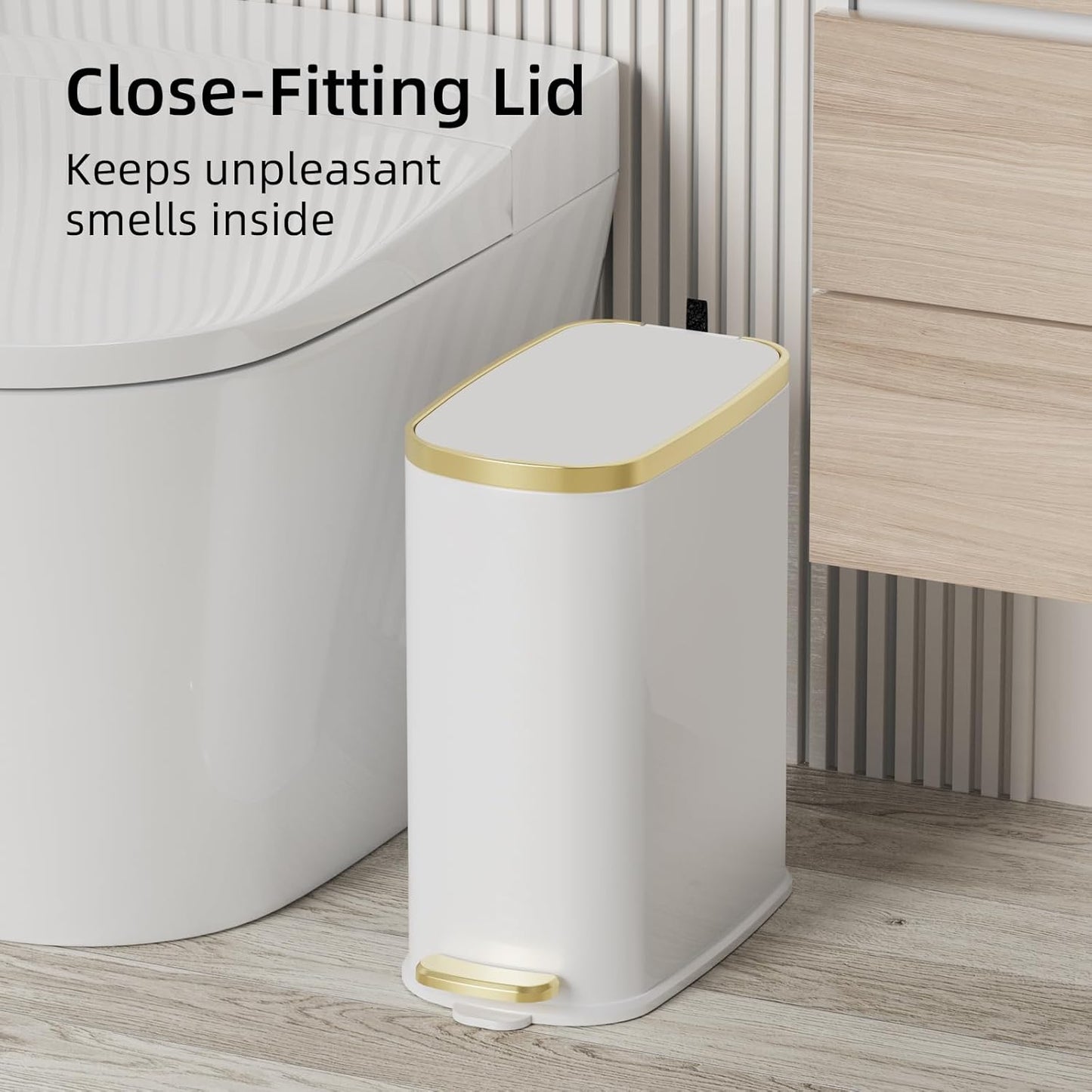 KUK Small Bathroom Trash Can with Lid Soft Close, Step Pedal, 2.4 Gal Stainless Steel Garbage Can with Removable Inner Bucket, Anti-Fingerprint Wastebasket for Office, Bedroom, Toilet (White)