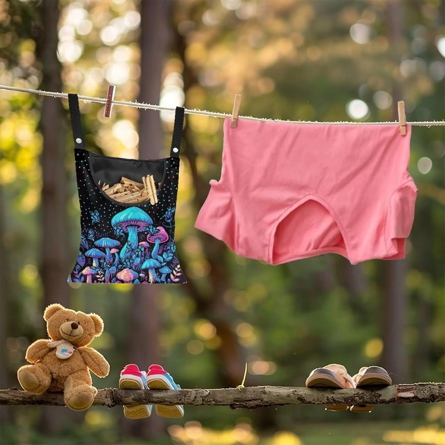 Blue Mushroom Adjustable Door-Hanging Laundry Clothespin Bag Clothespin Storage Bag Laundry Clothespin Bag, Hanging Storage Organizers with Hanging Rope for Home Outdoor