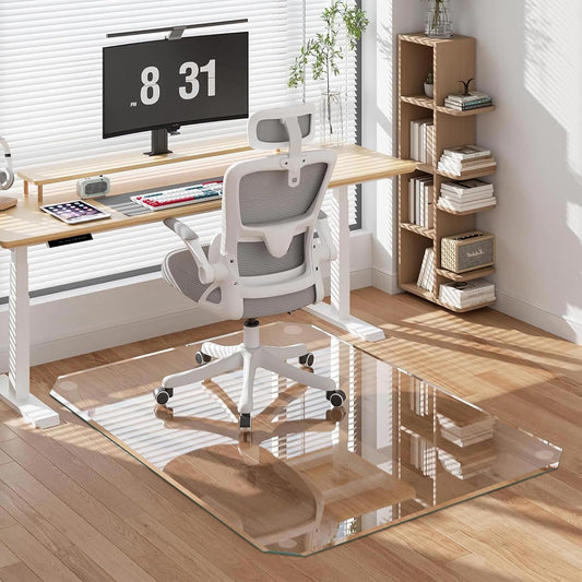VSARHouse Beveled Edge Tempered Glass Office Chair Mat, 46"x36" Heavy Duty Glass Floor Mat for Carpet or Hard Floors, with Non-Slip Pads, Easy to Slide, Thick 1/5", Octagon, Patent No.30004842