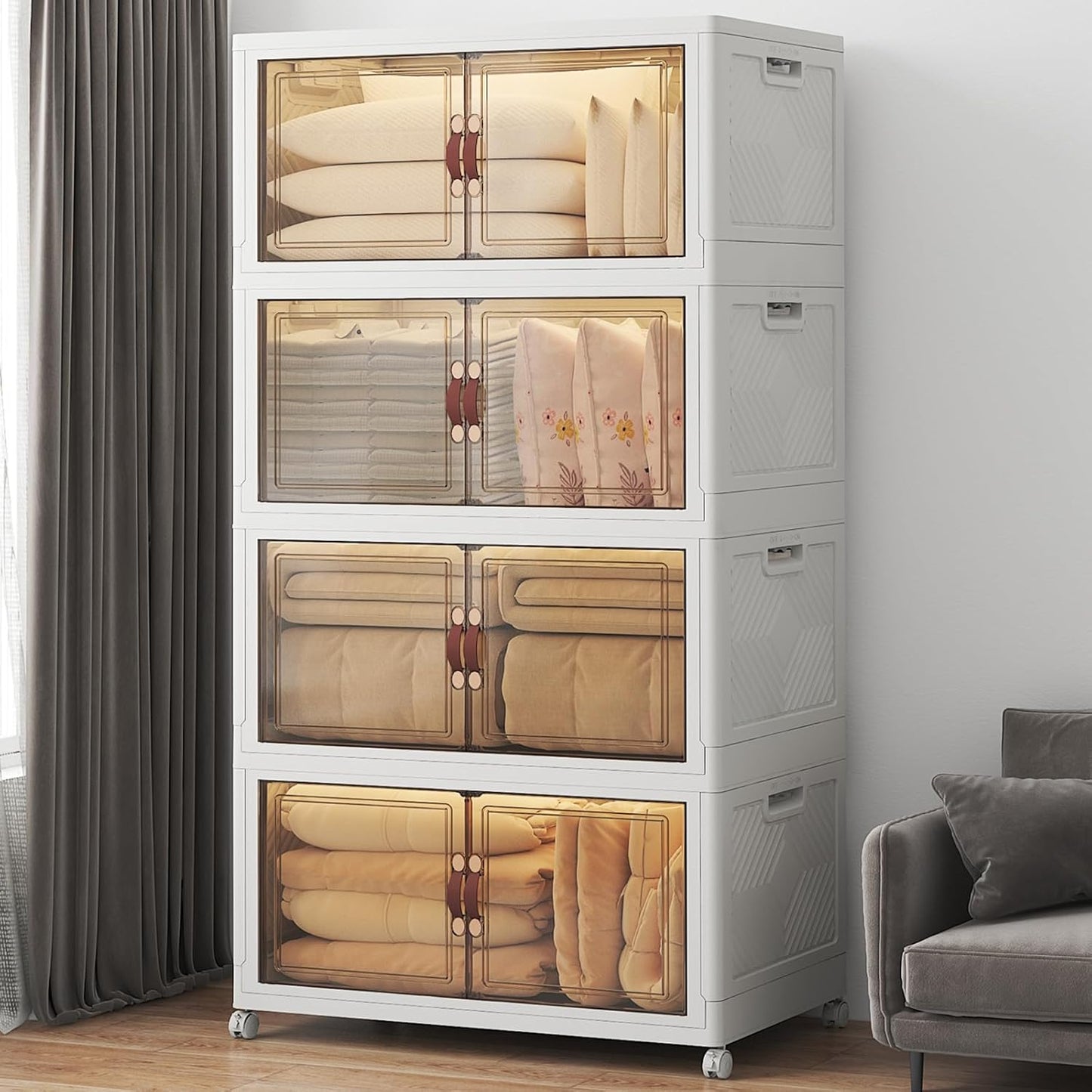 Extra Large Stackable Storage Bins with Lids & Wheels & Door, 660QT-165QT/41GAL*4Pack Foldable Collapsible Closet Organizers, Plastic Containers Drawers for Bedroom Dorm Garage