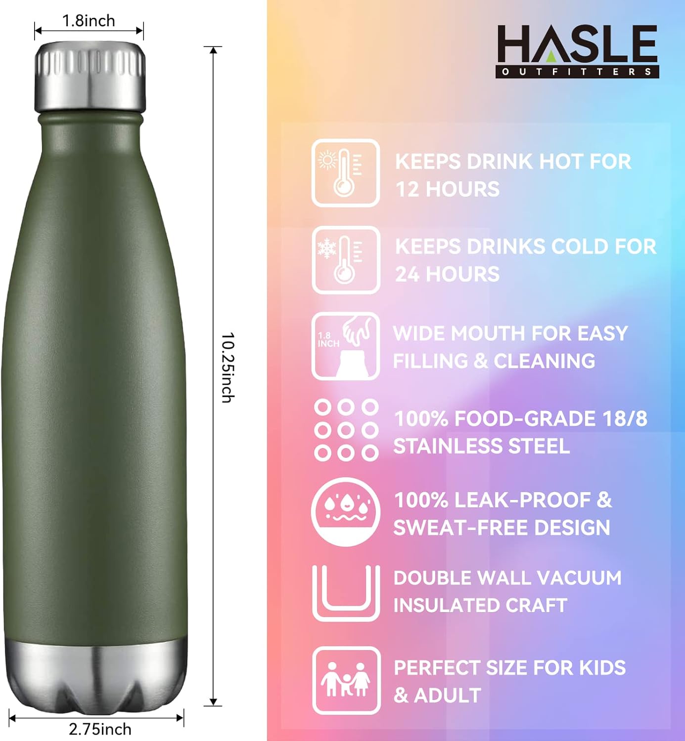 HASLE OUTFITTERS 17oz Stainless Steel Water Bottles, Vacuum Insulated Double Walled Powder Coated Reusable Metal Sports Water Bottles Keep Drinks Hot and Cold, ArmyGreen, 1Pack