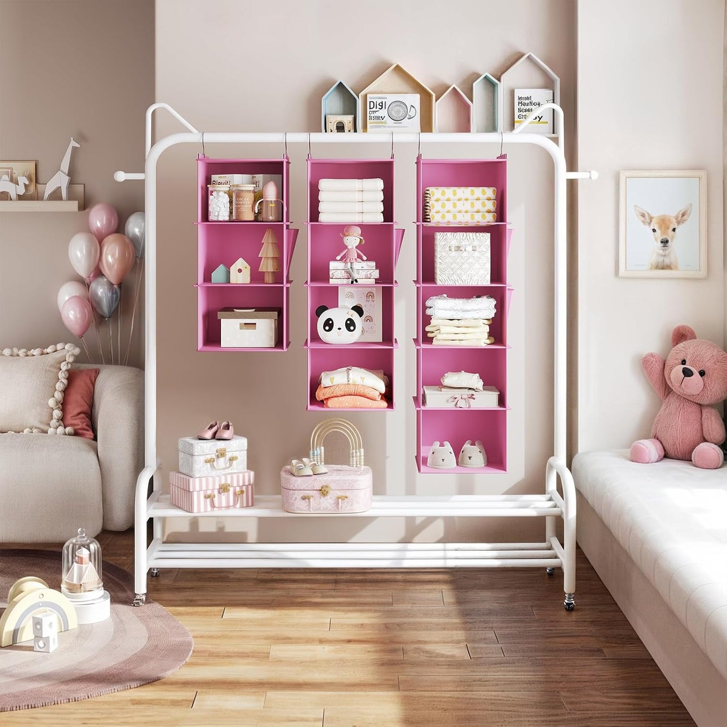 YOUDENOVA Hanging Closet Organizer, 3-Shelf Closet Hanging Storage Shelves, Light Pink