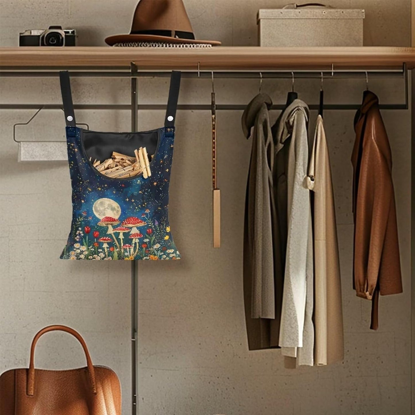 Mushroom Handy Clothespin Bags Moon Space-Saving Clothespin Storage Hanger Bag, Hanging Storage Organizer with Hanging Rope for Home Outdoor Supply