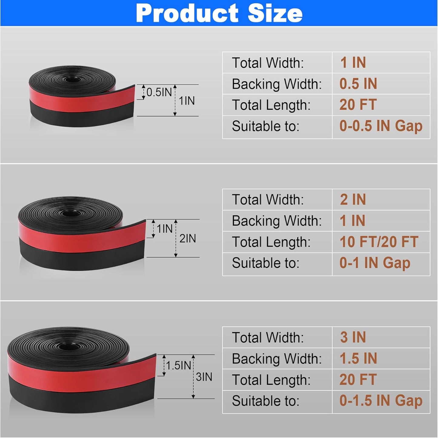 ToLanbbt Weather Stripping Silicone Door Seal Strip 1 in x 20 ft Door Draft Stopper Self Adhesive Door Draft Tape, Side & Bottom Gaps Insulation Strip for Glass Shower Door Sliding Door Window, Black