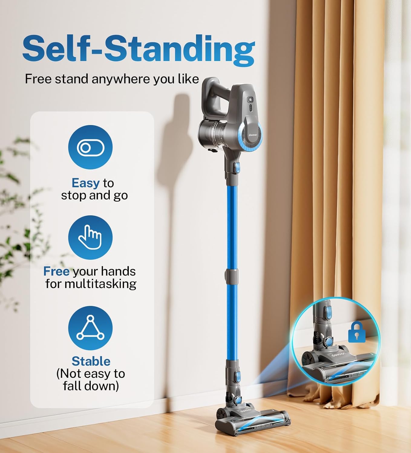 DEVOAC Cordless Vacuum Cleaner, Ultra-Lightweight Stick Vacuum, 2200mAh Battery Up to 40mins Runtime, 6 in 1 Powerful Handheld Vacuum for Home Hard Floor Carpet Pet Hair (Sea Blue)