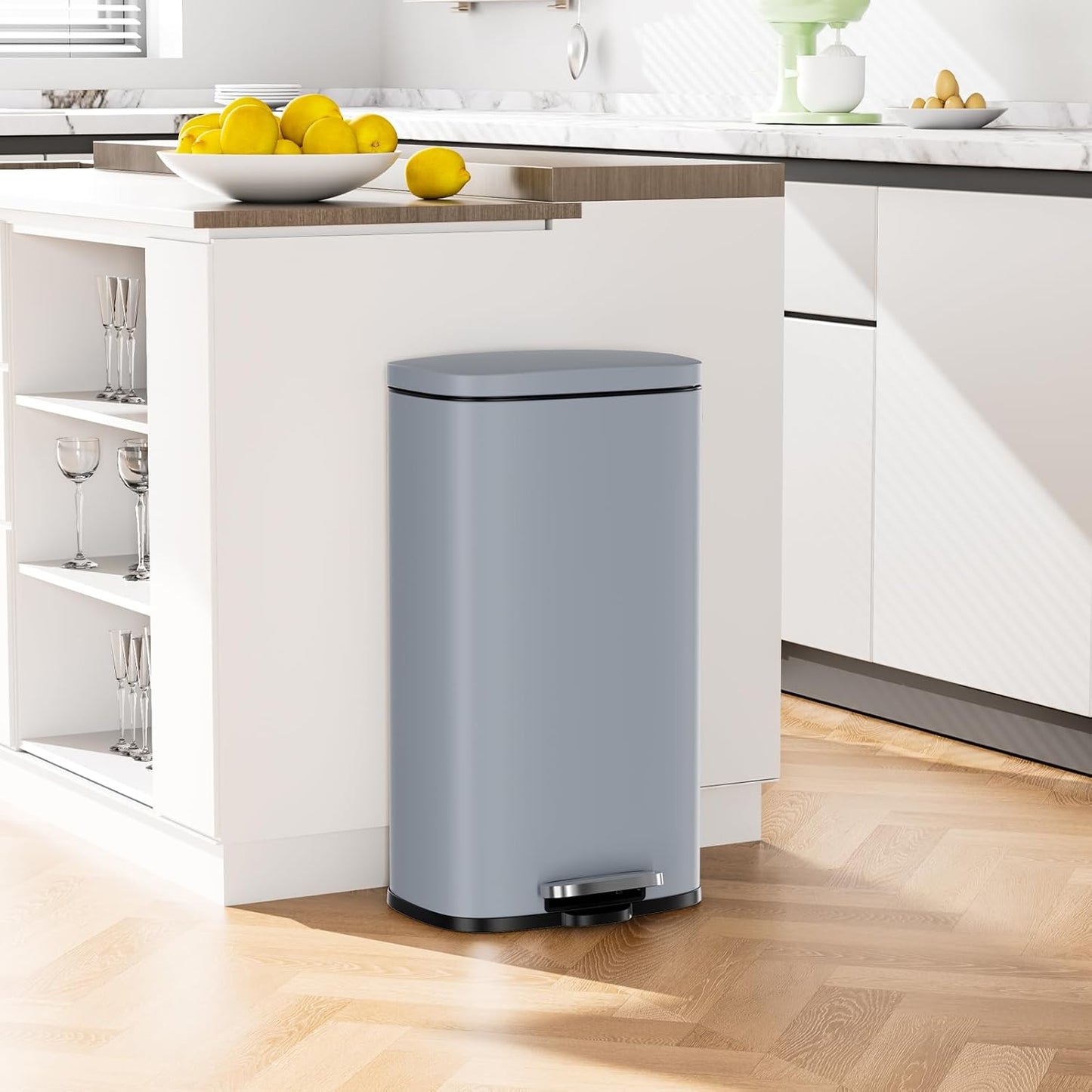 Arlopu 8/13.2 Gallon Step Trash Can, Stainless Steel Garbage Bin, Soft-Close Rubbish Bin with Removable Plastic Inner Bucket, Fingerprint-Proof, Lid Dustbin, Suit for Kitchen Home (Haze Blue, 50L)