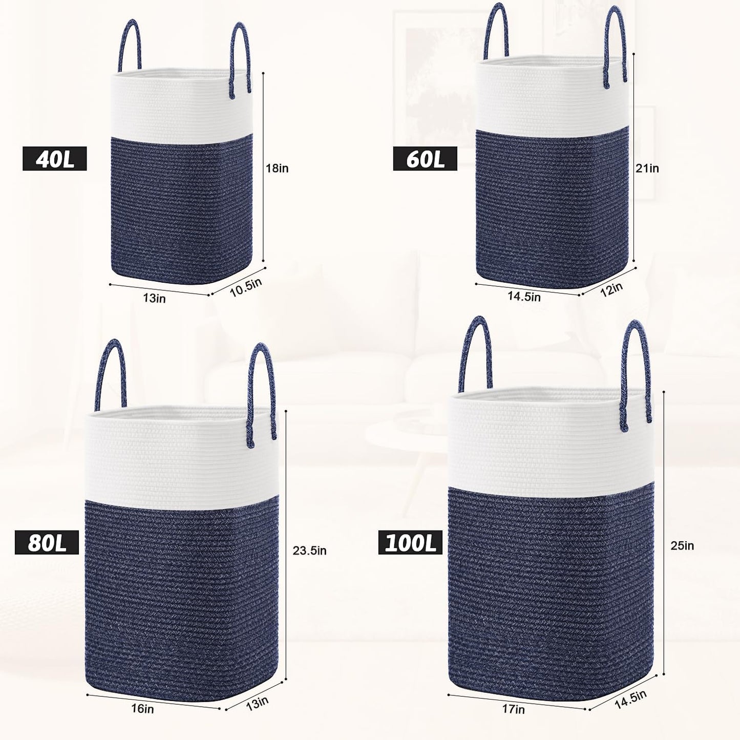 Laundry Basket,Woven Cotton Rope Laundry Hamper,Versatile Storage for Dirty Clothes,Baby Toys,and Blankets in Bathroom, Nursery,and Living Room (Blue, 80L)