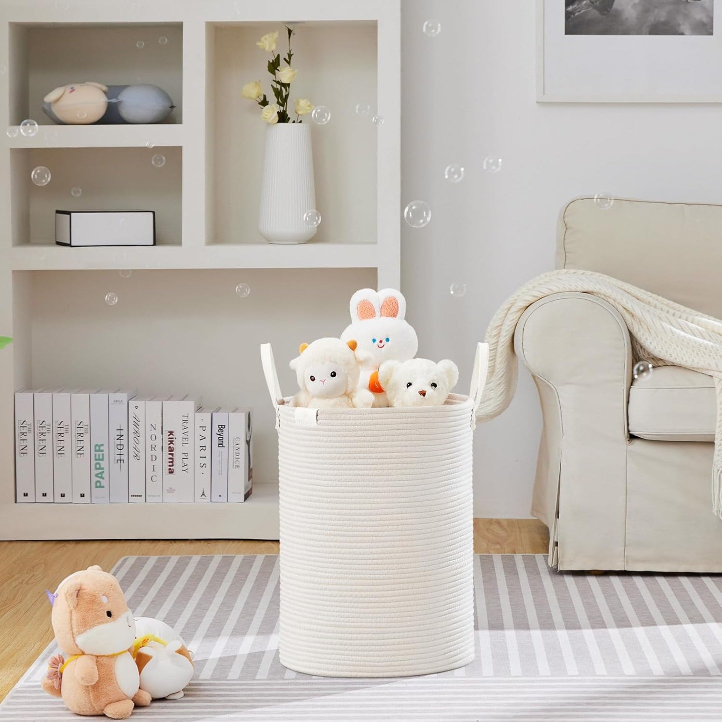 VIPOSCO Tall Laundry Basket, Large Dirty Clothes Hamper with Leather Handle, Woven Rope Storage Basket for Blanket, Toy In Living Room, Bathroom, Bedroom - 58L White