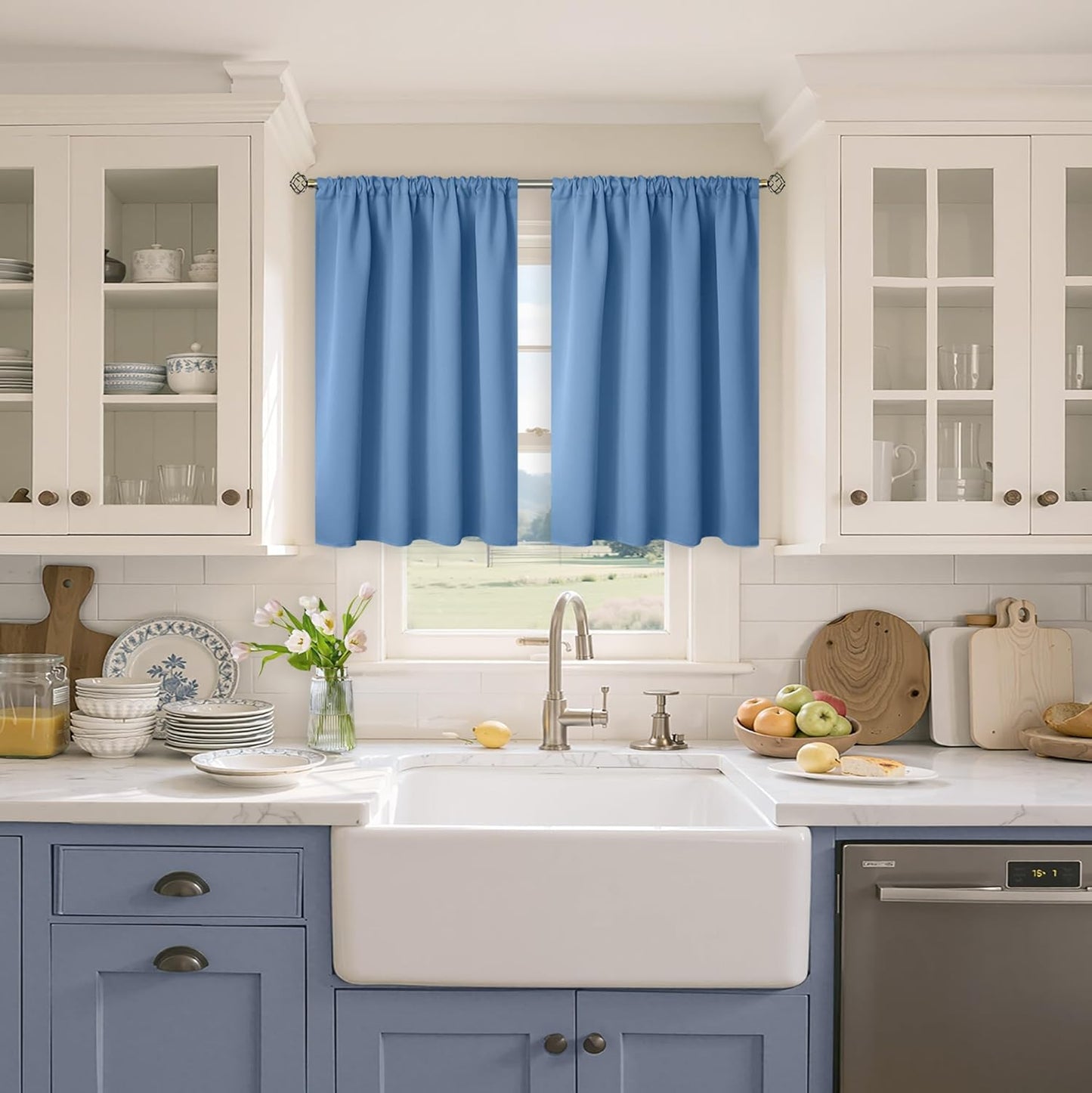 BGment Denim Blue Blackout Curtains 36 Inches Long for Kitchen Cafe Window - Short Length Thermal Insulated Drapes Darkening for Bathroom RV Window Privacy, 42 x 36 Inch, 2 Panels