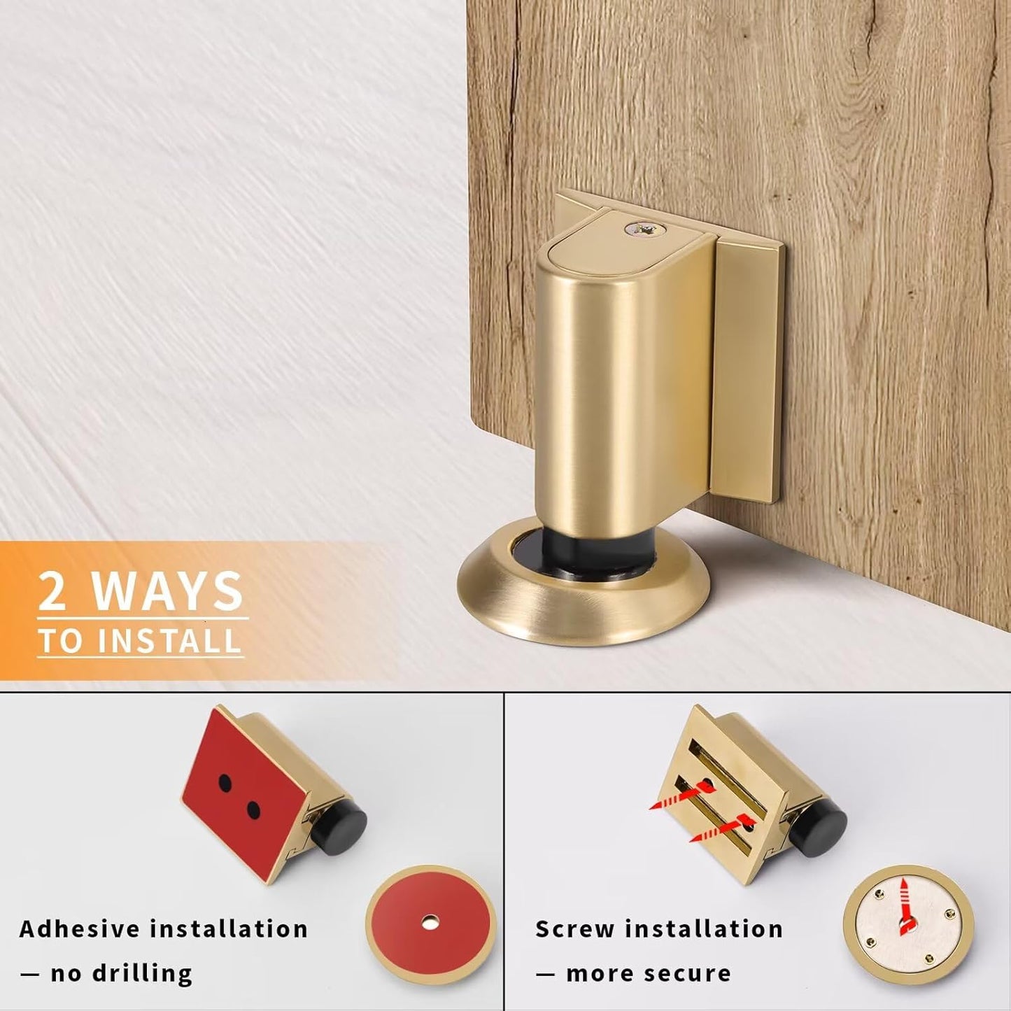 Bak Bo Magnetic Door Stoppers 1 Pack Bottom of Door Holder Keep Door Open No Drilling Magnet Floor Door Stop with Screws and Adhesive Brushed Gold DS268BG-1