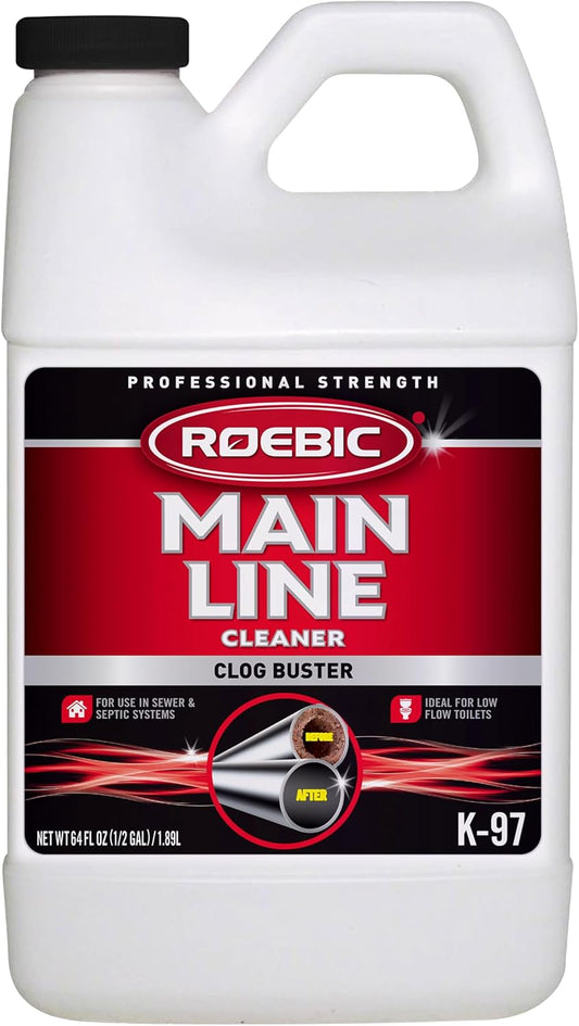 Roebic K-97 Liquid Main Line Cleaner with Bacteria Enzymes, Eliminates Organic Buildup in Sewer/Septic System and Protects from Clogs, Safe for Bathroom Toilet, 64 fl oz
