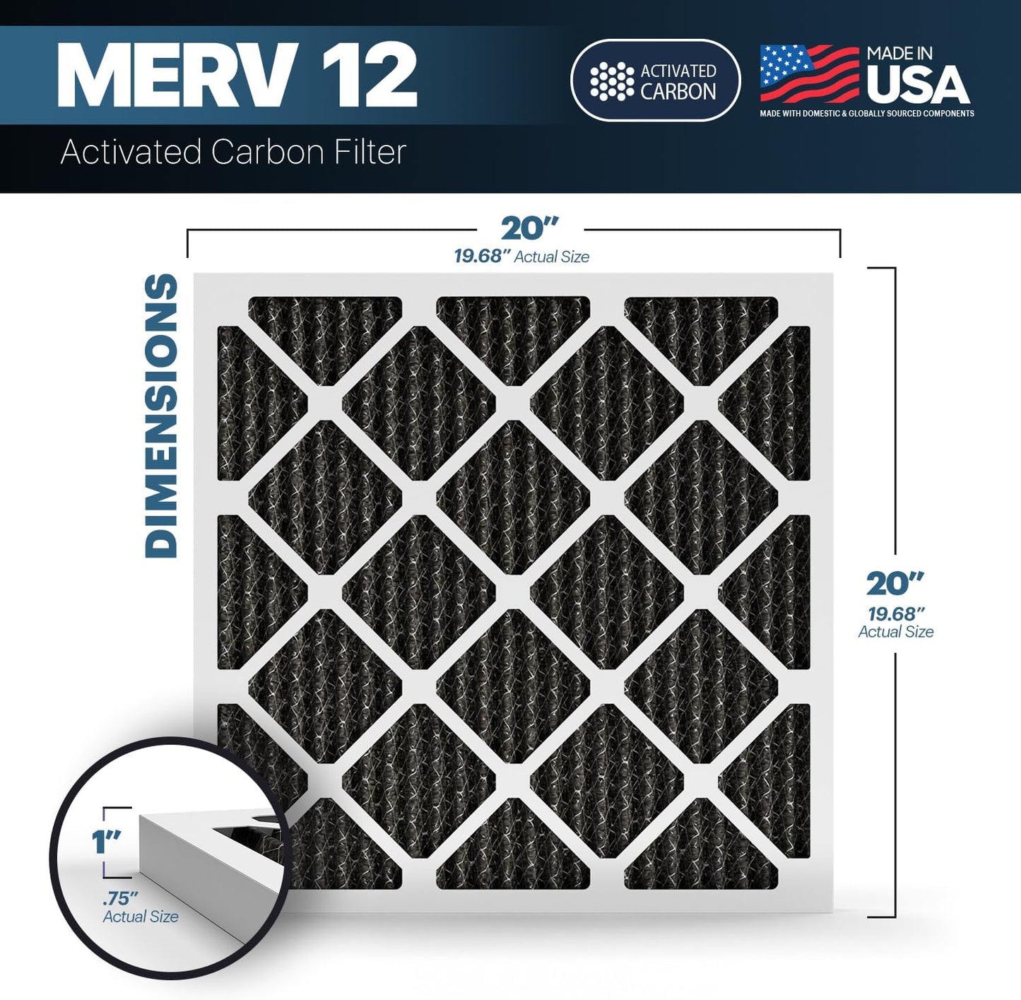 BNX TruFilter 20x20x1 MERV 12 Odor Defense (6-Pack) AC Furnace Air Filter with Activated Carbon - MADE IN USA - Pleated Air Conditioner HVAC AC Furnace Filters - Removes Odor, Mold, Bacteria, Smoke