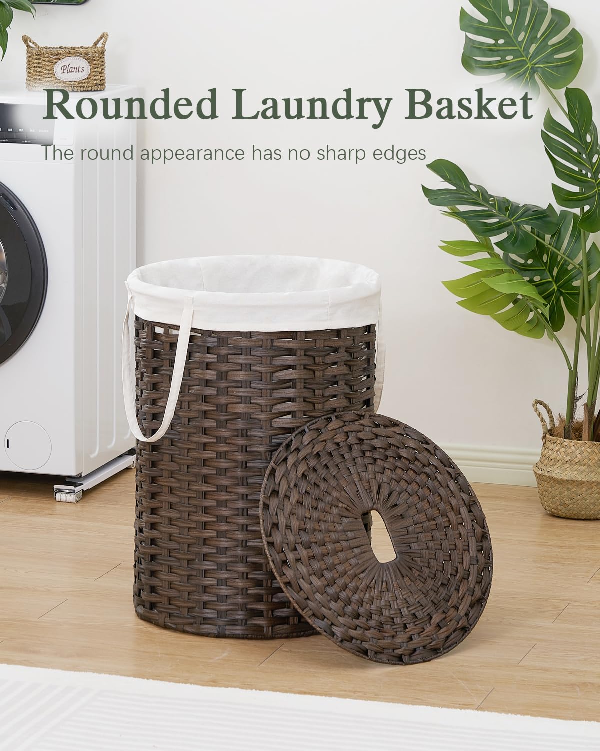 Laundry Basket with Lid Round Rattan Laundry Hamper with Lid and Handles 29.1 Gal (110 L) Handwoven Woven Basket with Removable Bags and 2 Mesh Bags for Bathroom Living Room Brown