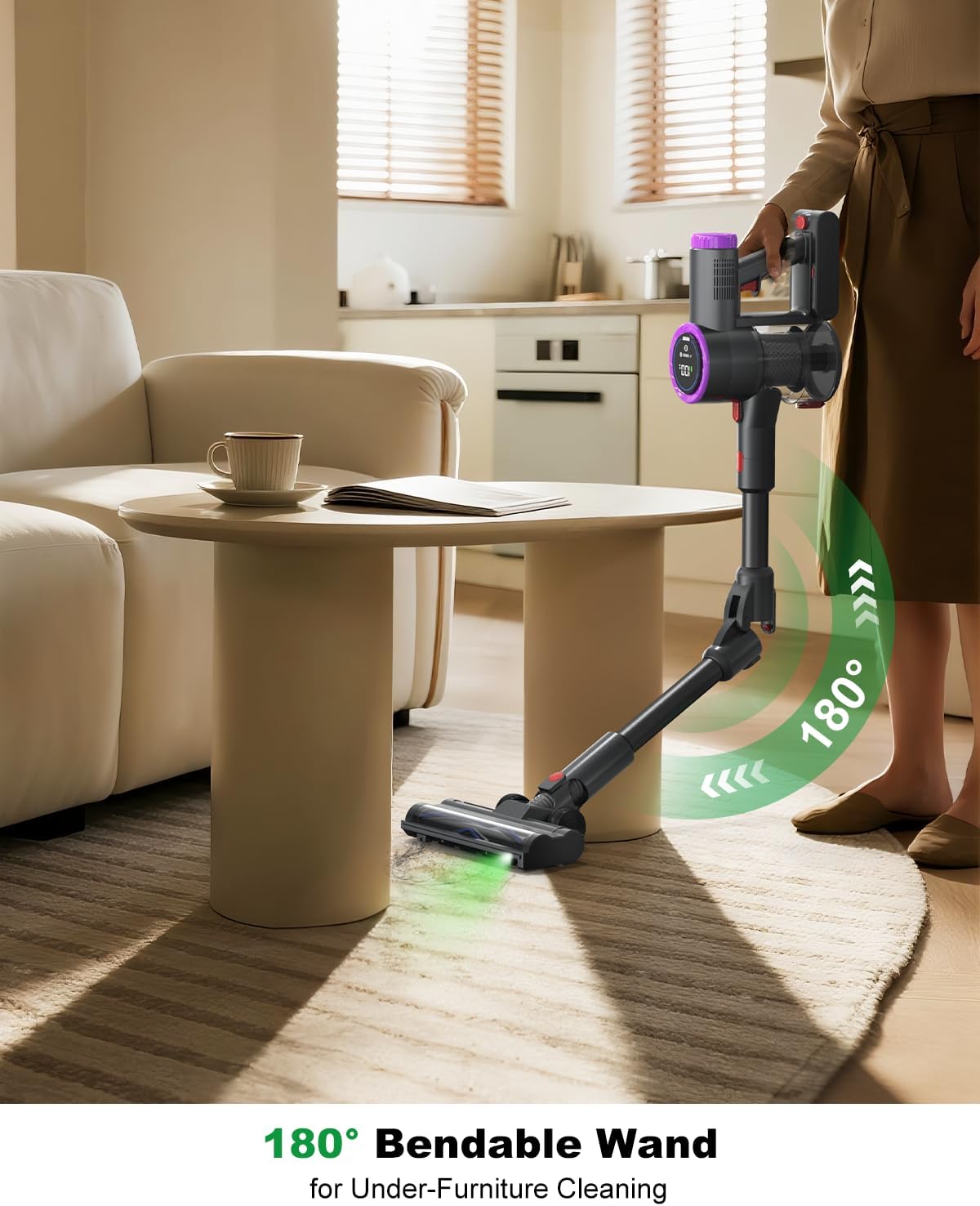 Cordless Vacuum Cleaner Bendable 6-in-1 Stick Vacuum — Lightweight with 45mins Runtime, LED Display & Headlight, Rechargeable for Carpet, Tile, Pet Hair & Hardwood Floors (Purple)