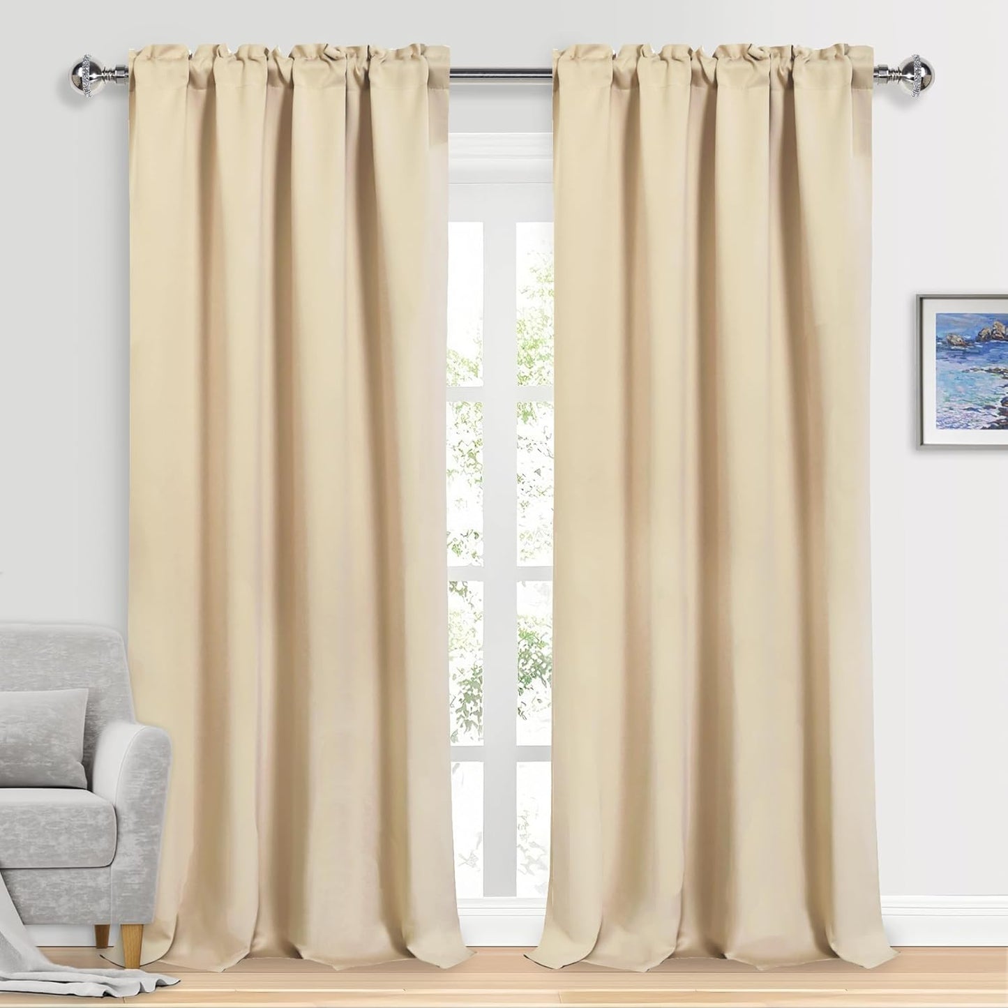 DWCN Blackout Curtains for Bedroom – Rod Pocket Thermal Insulated Noise Reducing Noise Reducing Drapes for Living Room, W 52 x L 95 Inch, 2 Panels, Beige