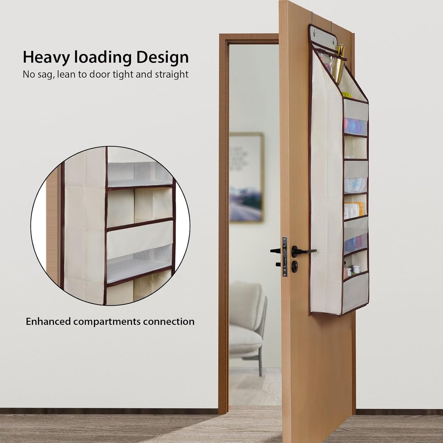 Univivi 5-Shelf Fabric Door Storage Over Door Hanging Organizer with 4 Large Pockets and 3 Small PVC Pockets Nursery Closet Cabinet Wall Mount Hanging Storage Organizers for Baby Nursery (Beige)