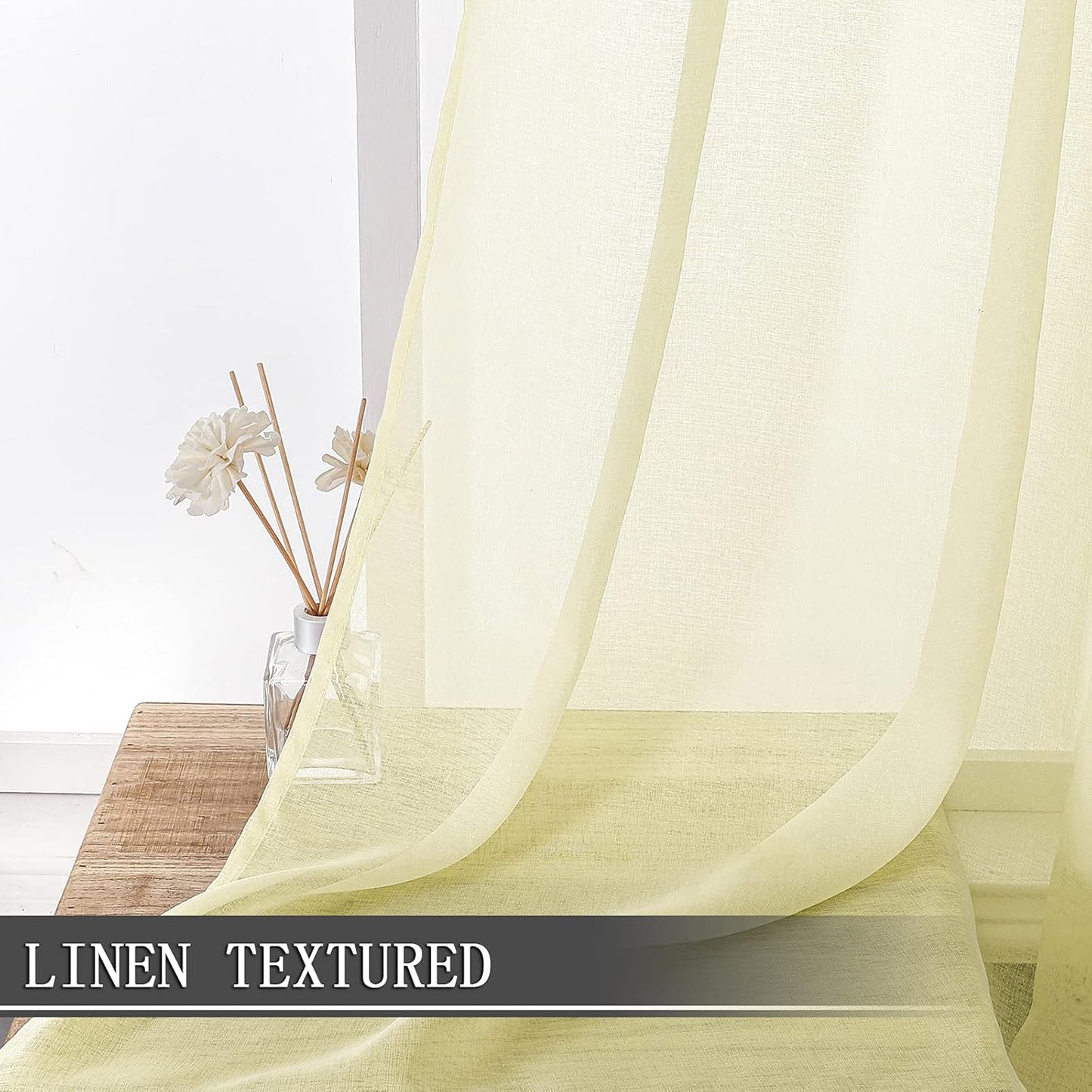Tollpiz Short Sheer Curtain Living Room Linen Textured Curtains Sheer Light Filtering Voile Rod Pocket Curtain for Bedroom, 38 x 54 inches Long, Transparent Yellow, Set of 2 Panels